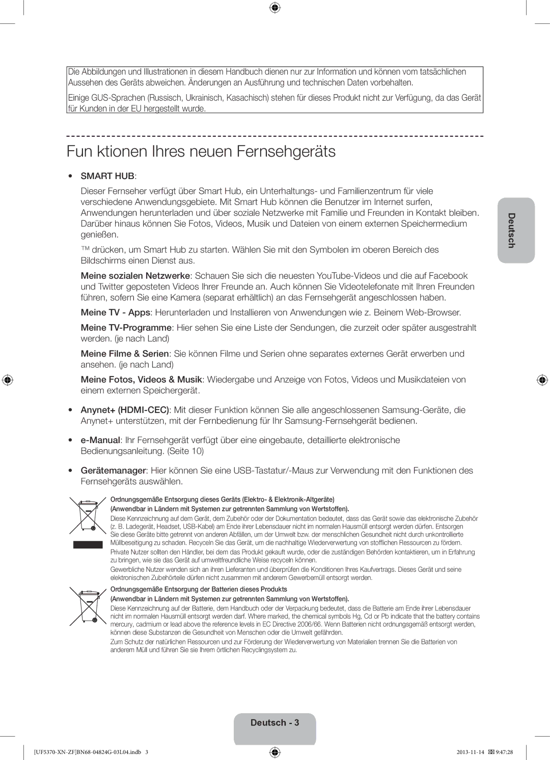 Samsung UE32F5370SSXZF manual Fun ktionen Ihres neuen Fernsehgeräts 