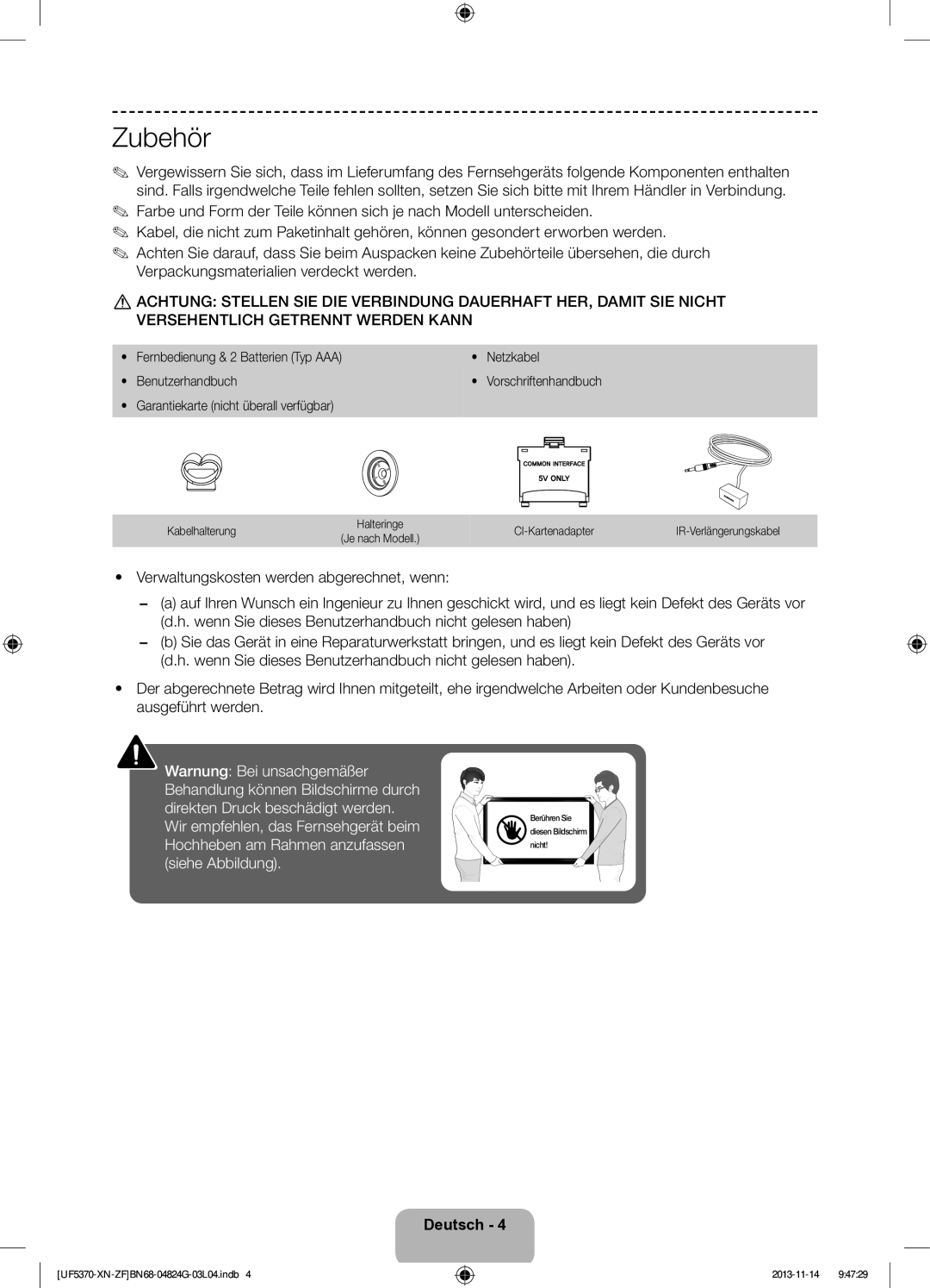 Samsung UE32F5370SSXZF manual Zubehör, Kabelhalterung, CI-Kartenadapter 