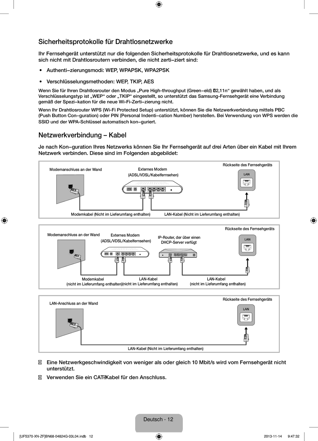 Samsung UE32F5370SSXZF manual Sicherheitsprotokolle für Drahtlosnetzwerke, Netzwerkverbindung Kabel 