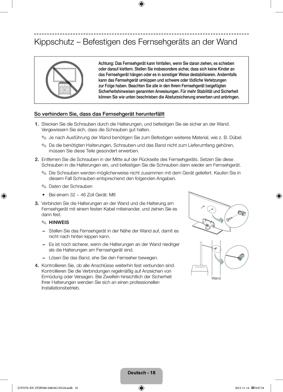 Samsung UE32F5370SSXZF manual Kippschutz Befestigen des Fernsehgeräts an der Wand 