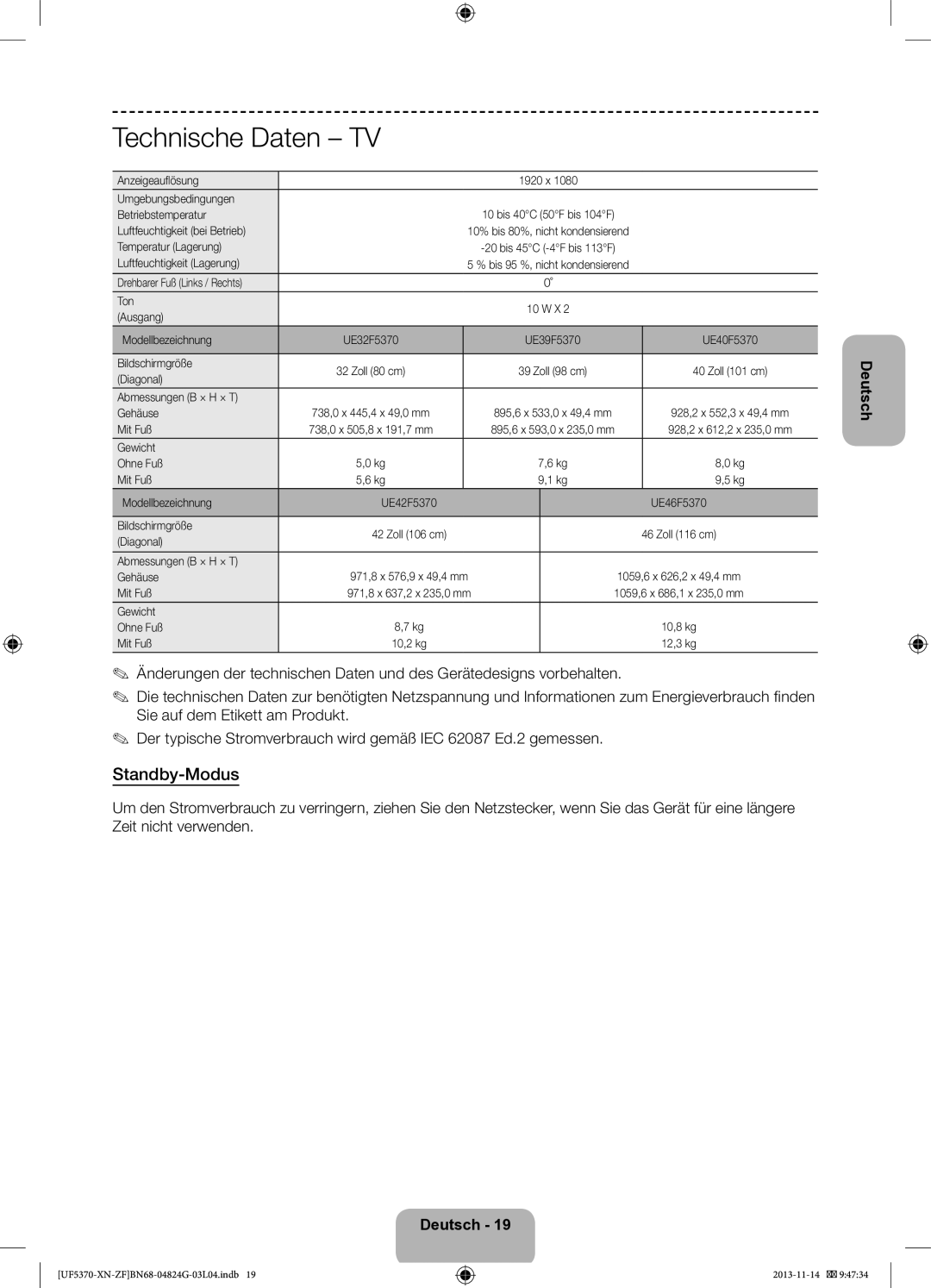 Samsung UE32F5370SSXZF manual Technische Daten TV, Standby-Modus 