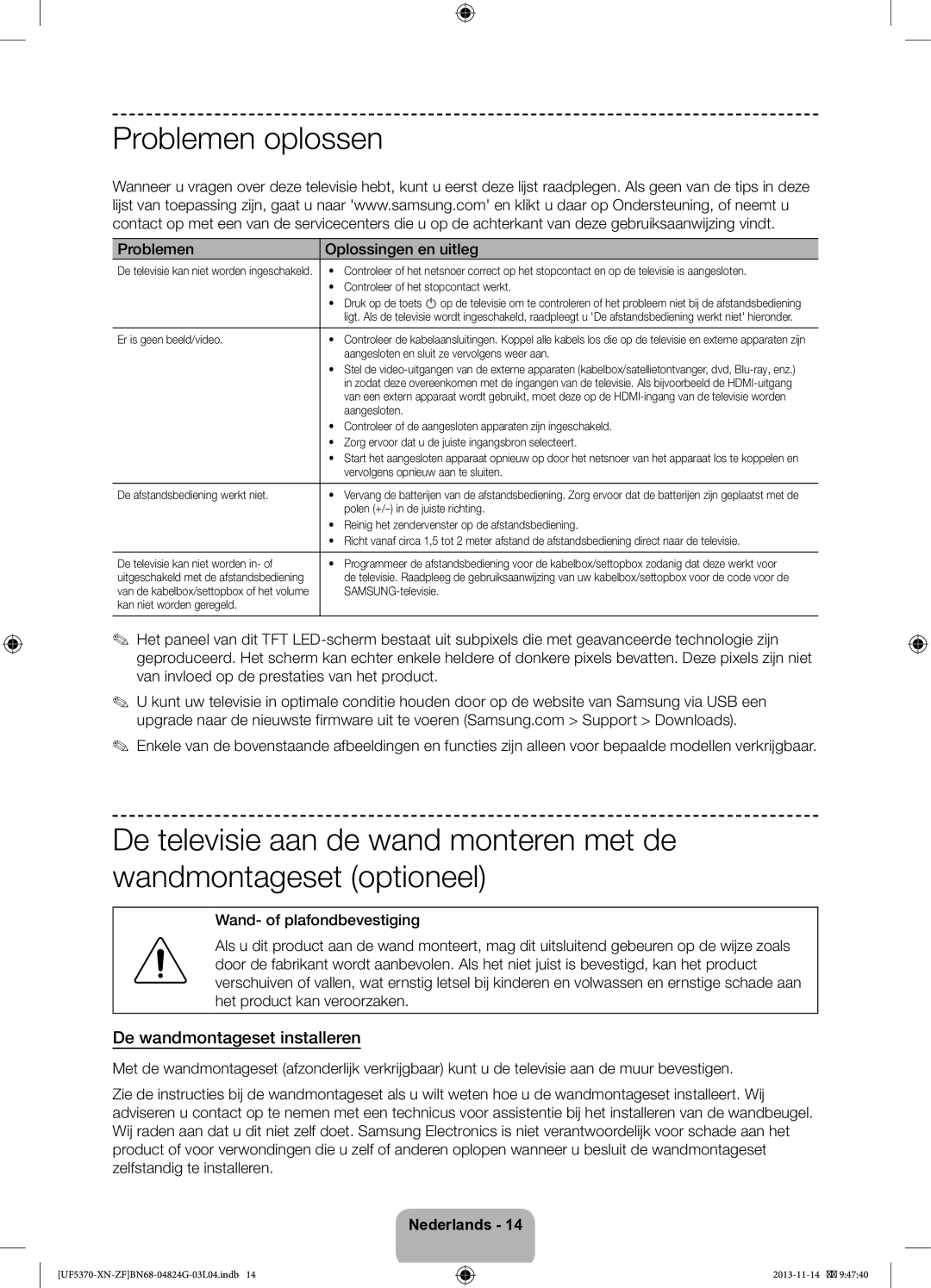 Samsung UE32F5370SSXZF manual Problemen oplossen, De wandmontageset installeren 