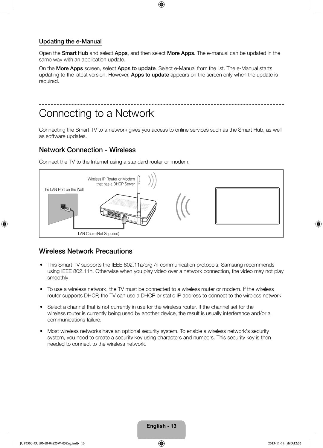 Samsung UE40F5500AKXXU, UE32F5500AKXXU Connecting to a Network, Network Connection Wireless, Wireless Network Precautions 