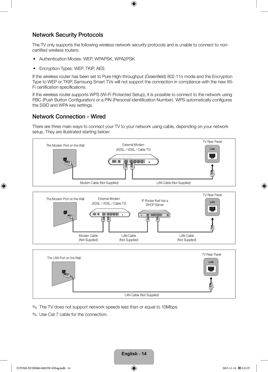 Samsung UE46F5500AKXXU, UE32F5500AKXXU, UE40F5500AKXXU manual Network Security Protocols, Network Connection Wired 