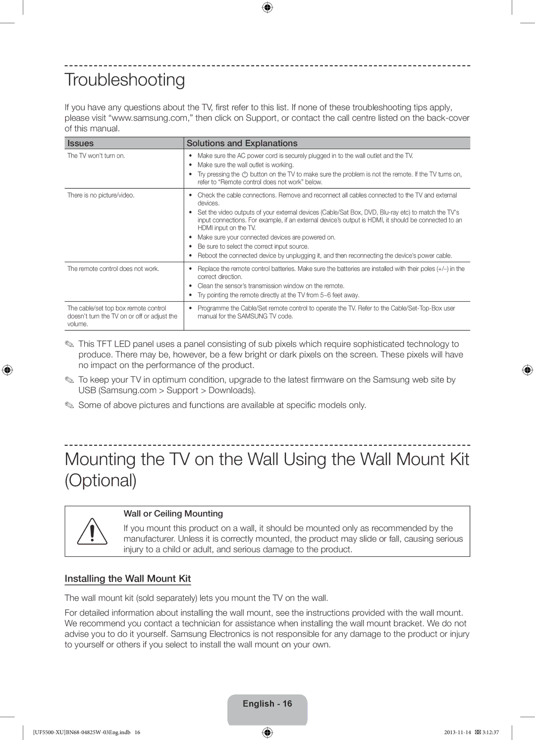 Samsung UE40F5500AKXXU, UE32F5500AKXXU, UE46F5500AKXXU manual Troubleshooting, Installing the Wall Mount Kit 