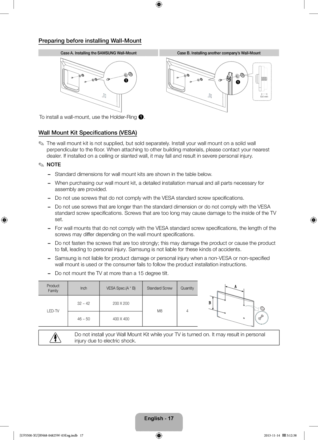 Samsung UE46F5500AKXXU, UE32F5500AKXXU manual Preparing before installing Wall-Mount, Wall Mount Kit Specifications Vesa 