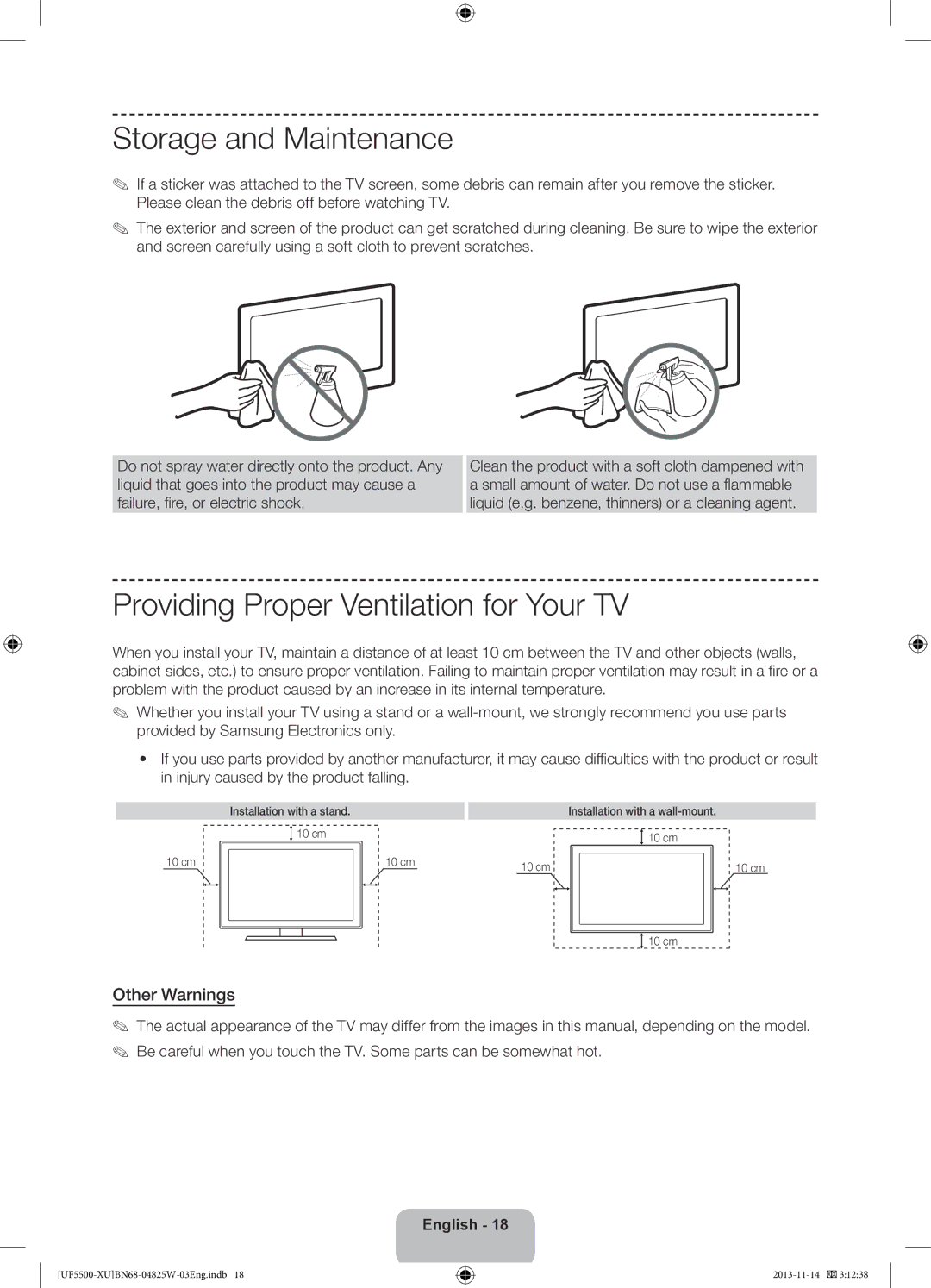 Samsung UE32F5500AKXXU, UE40F5500AKXXU Storage and Maintenance, Providing Proper Ventilation for Your TV, Other Warnings 