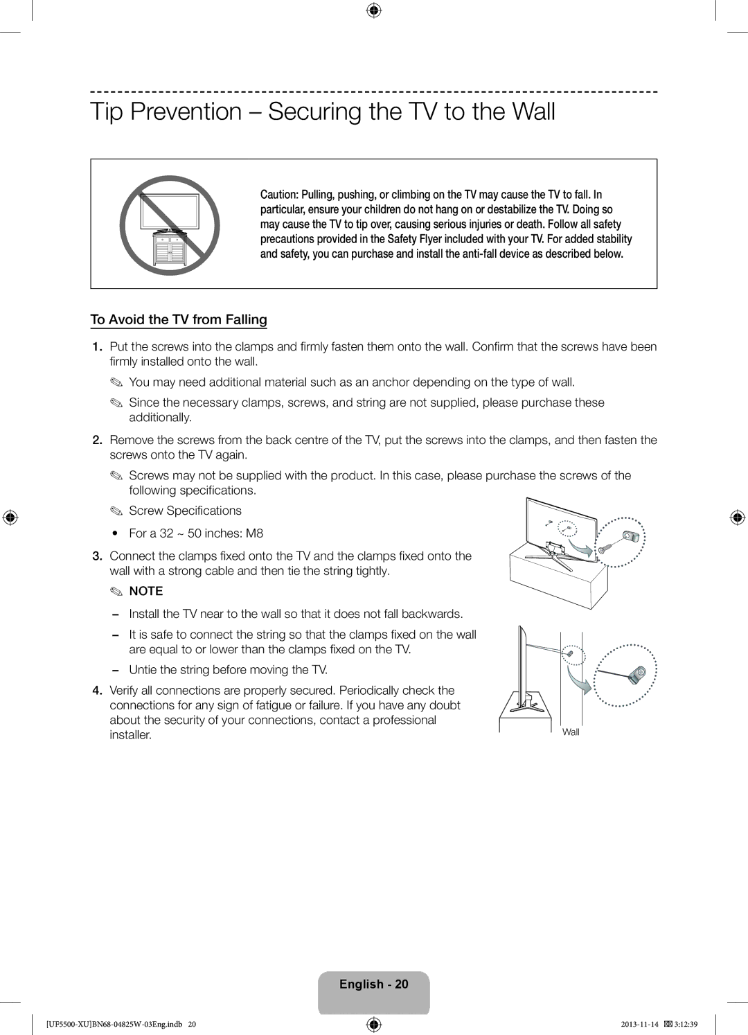 Samsung UE46F5500AKXXU, UE32F5500AKXXU manual Tip Prevention Securing the TV to the Wall, To Avoid the TV from Falling 