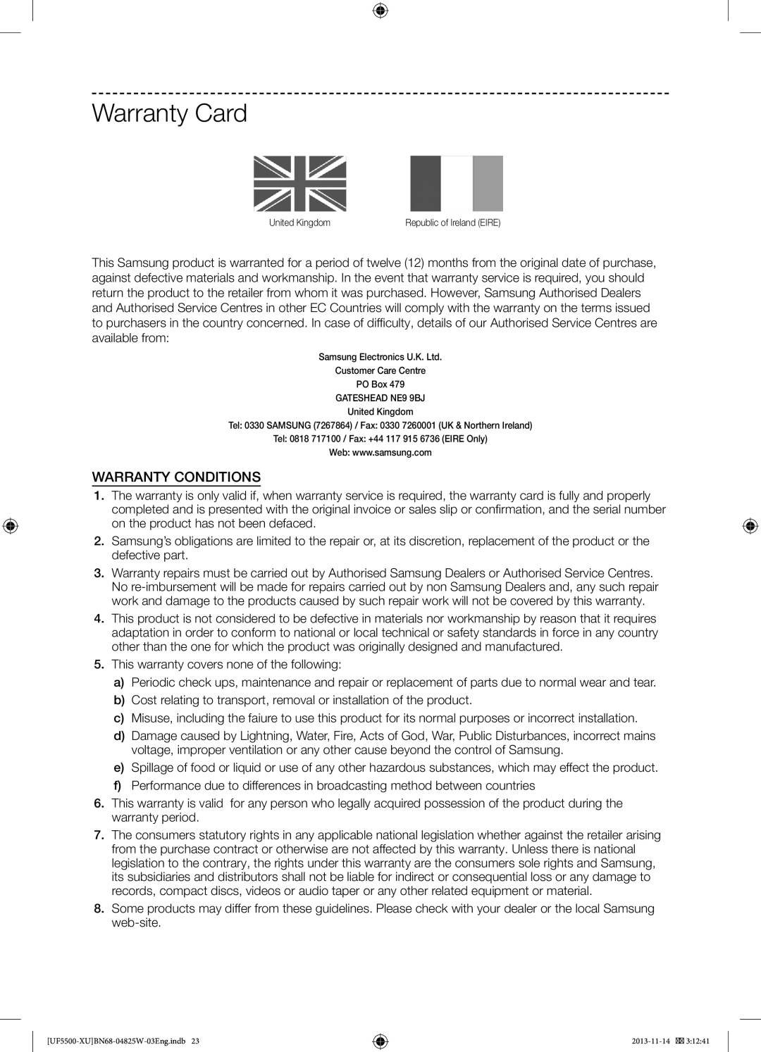 Samsung UE46F5500AKXXU, UE32F5500AKXXU, UE40F5500AKXXU manual Warranty Card, Gateshead NE9 9BJ 