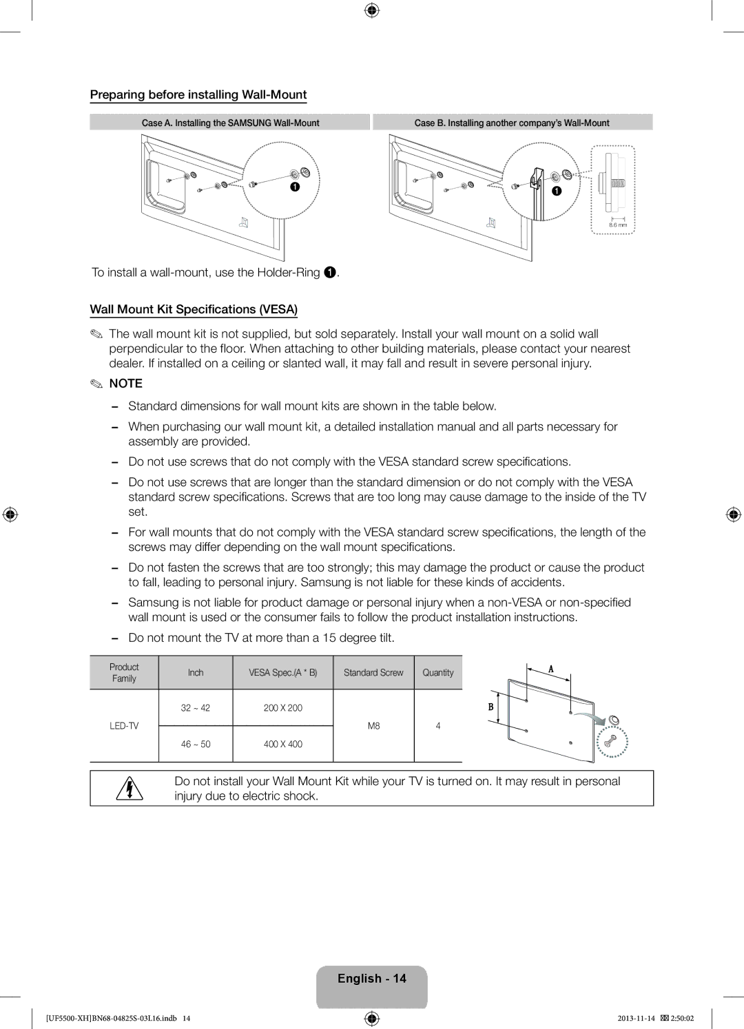 Samsung UE46F5500AWXXH manual Preparing before installing Wall-Mount, Do not mount the TV at more than a 15 degree tilt 