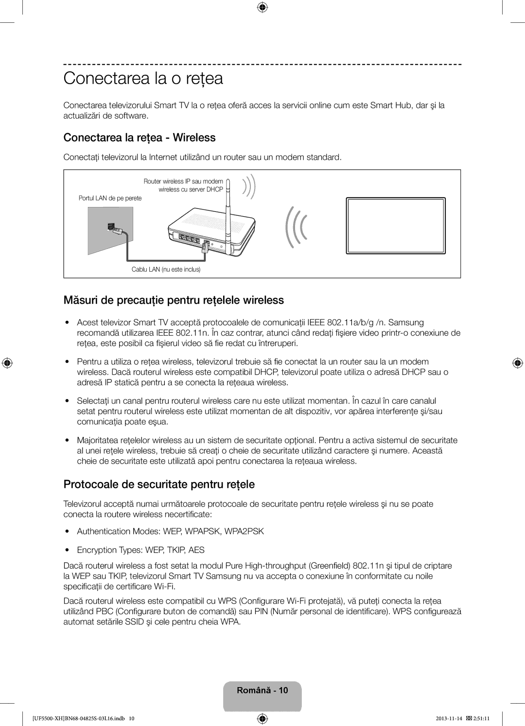 Samsung UE46F5500AWXXC Conectarea la o reţea, Conectarea la reţea Wireless, Măsuri de precauţie pentru reţelele wireless 