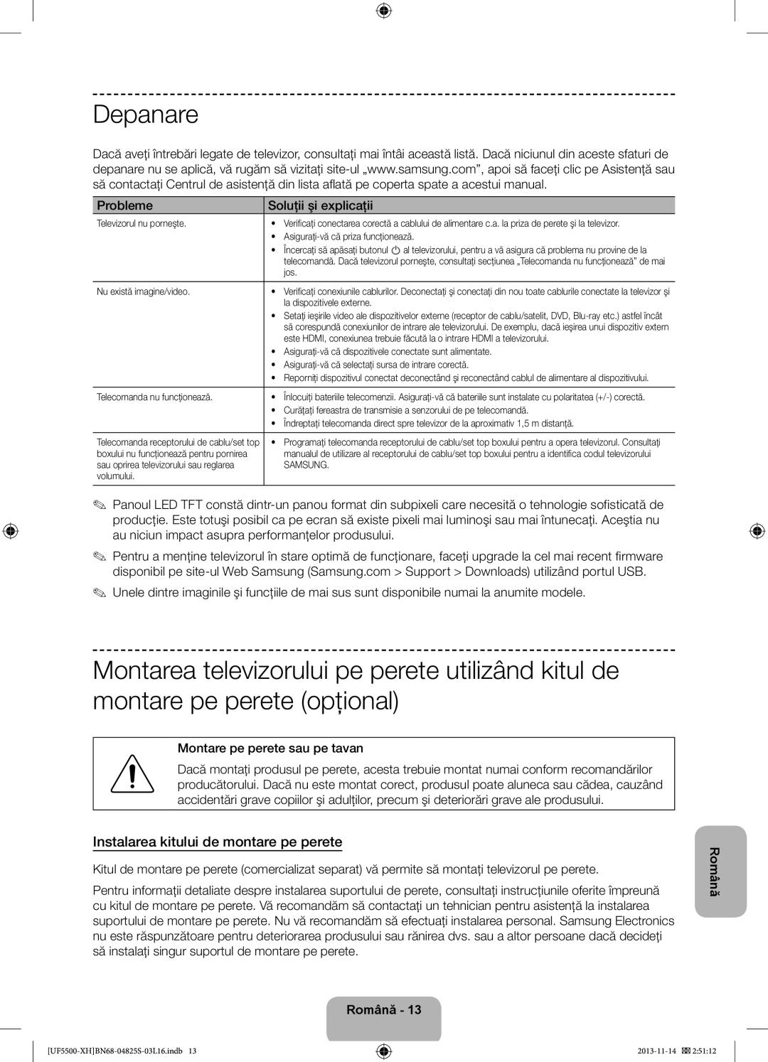 Samsung UE42F5500AWXZF, UE32F5500AWXZH Depanare, Instalarea kitului de montare pe perete, Probleme Soluţii şi explicaţii 