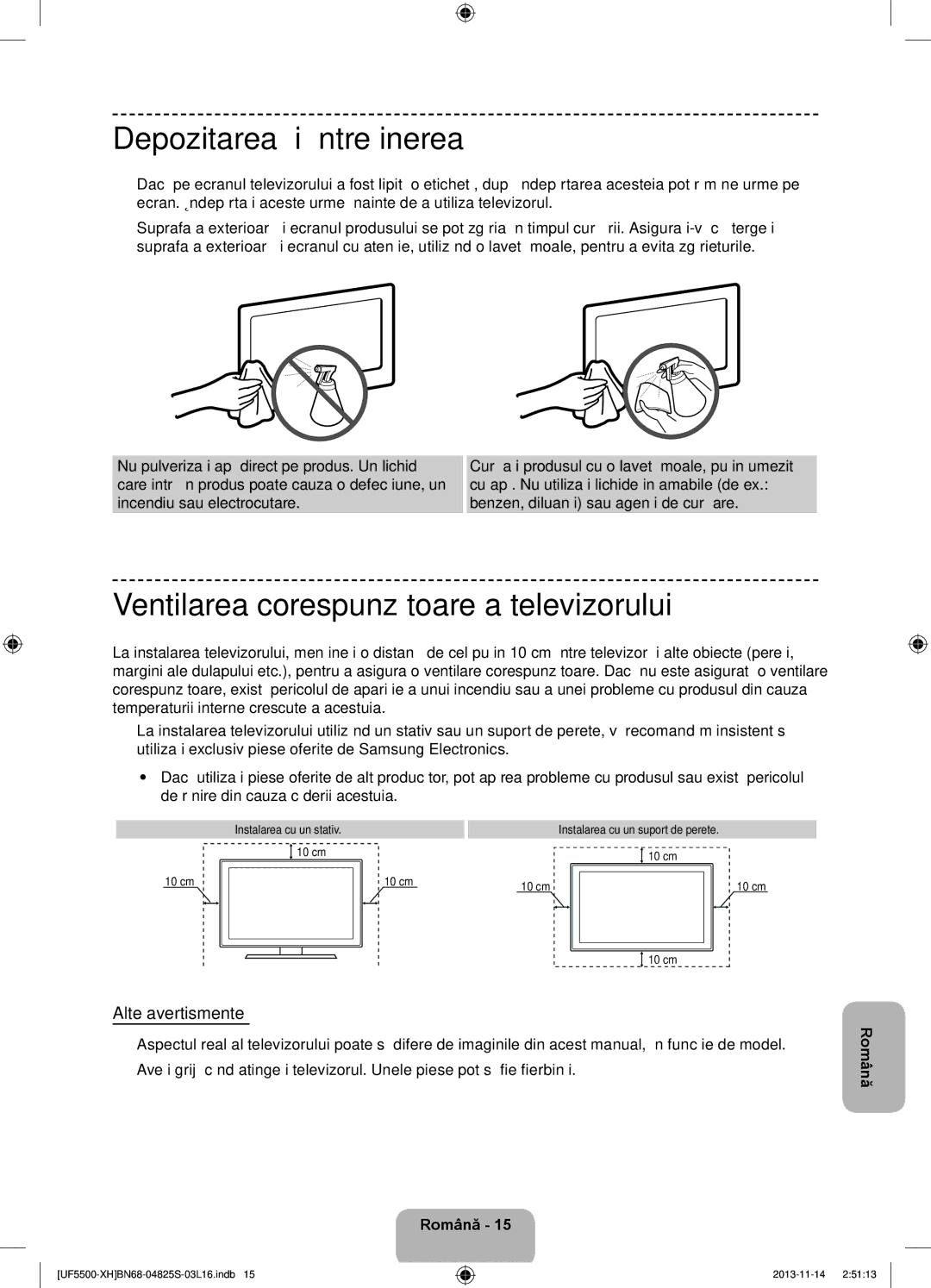 Samsung UE42F5500AWXXH manual Depozitarea şi întreţinerea, Ventilarea corespunzătoare a televizorului, Alte avertismente 