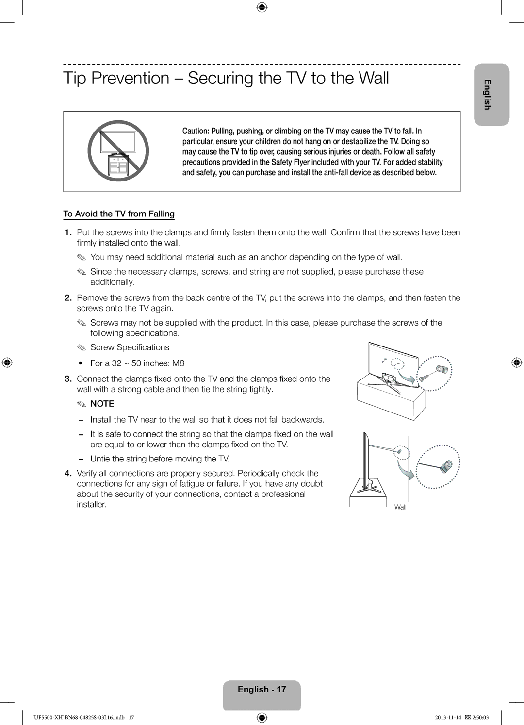 Samsung UE40F5500AWXXC, UE32F5500AWXZH, UE32F5700AWXZH, UE32F5500AWXXC manual Tip Prevention Securing the TV to the Wall 