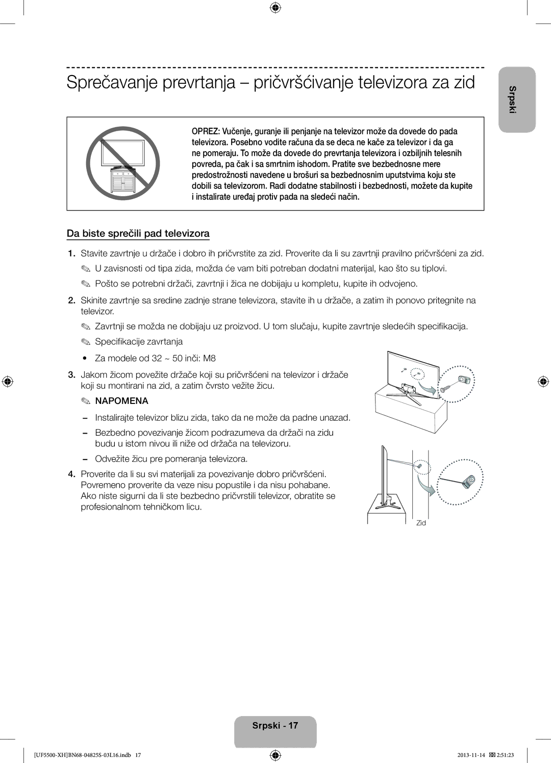 Samsung UE50F5500AWXZH manual Sprečavanje prevrtanja pričvršćivanje televizora za zid, Da biste sprečili pad televizora 