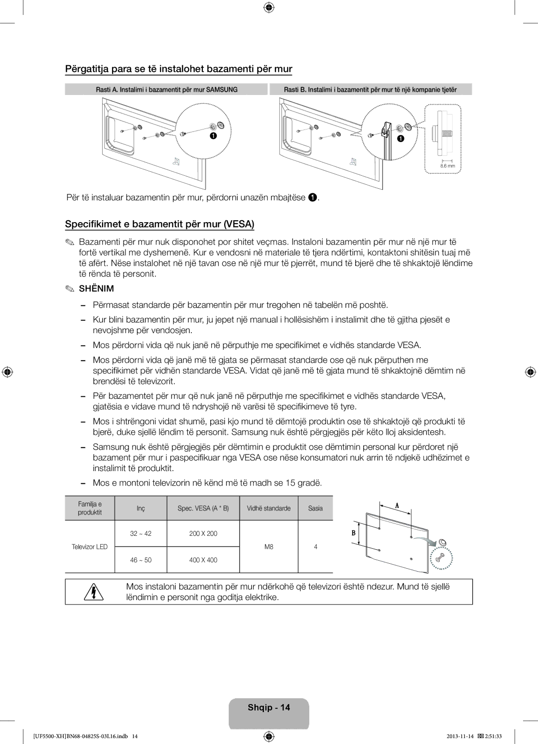 Samsung UE42F5500AWXZF manual Përgatitja para se të instalohet bazamenti për mur, Specifikimet e bazamentit për mur Vesa 