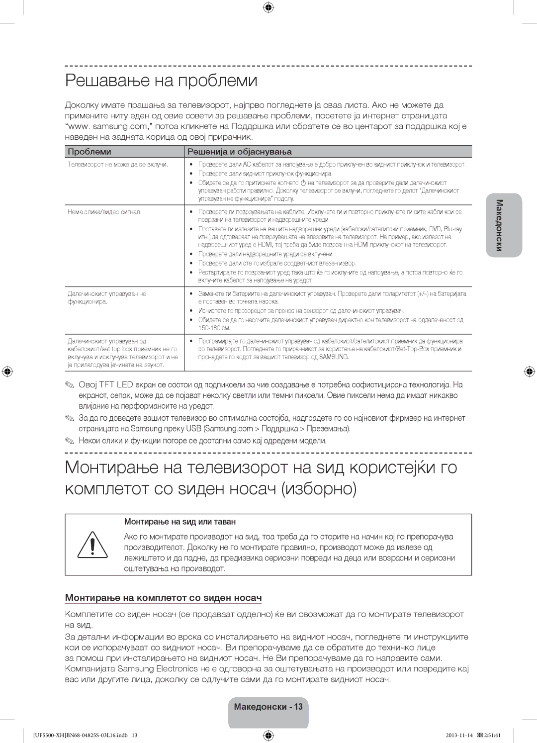 Samsung UE42F5700AWXXH manual Решавање на проблеми, Монтирање на комплетот со ѕиден носач, Проблеми Решенија и објаснувања 