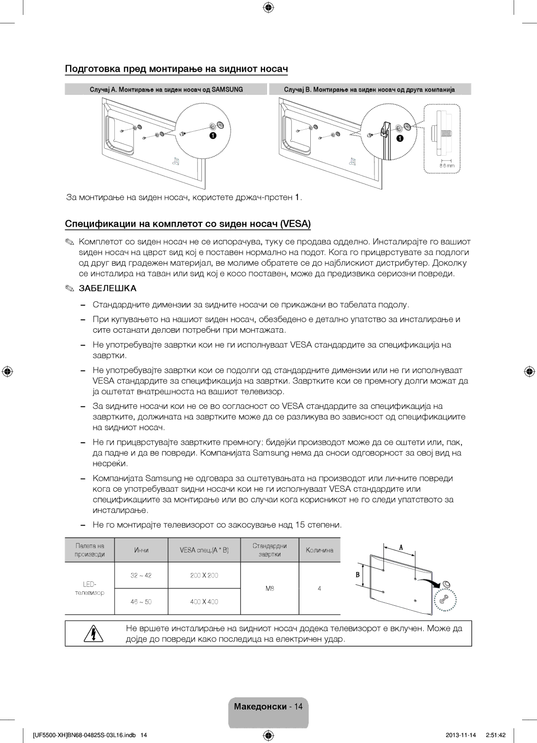 Samsung UE39F5700AWXXH manual Подготовка пред монтирање на ѕидниот носач, Спецификации на комплетот со ѕиден носач Vesa 