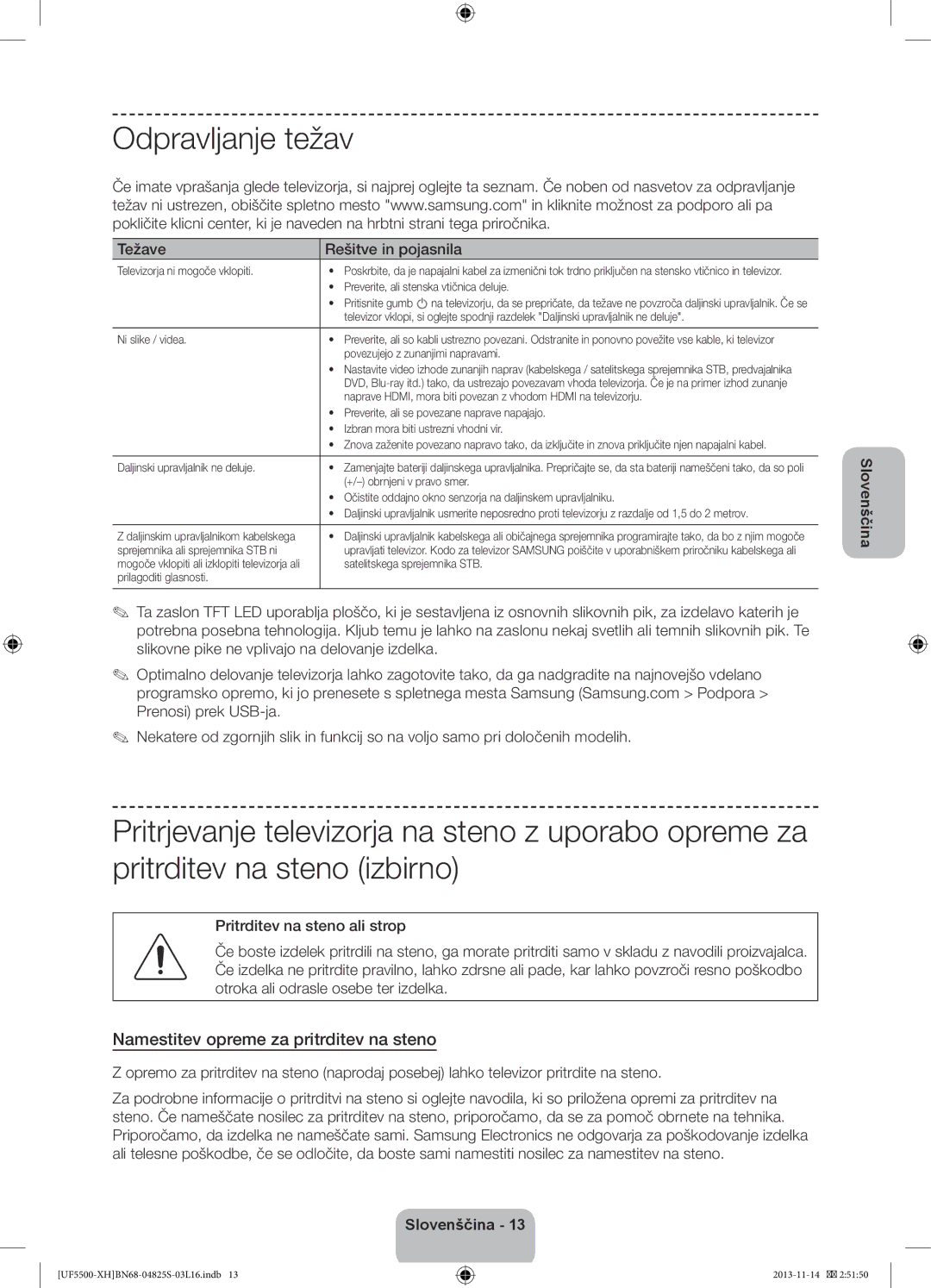 Samsung UE32F5700AWXXN manual Odpravljanje težav, Namestitev opreme za pritrditev na steno, Težave Rešitve in pojasnila 