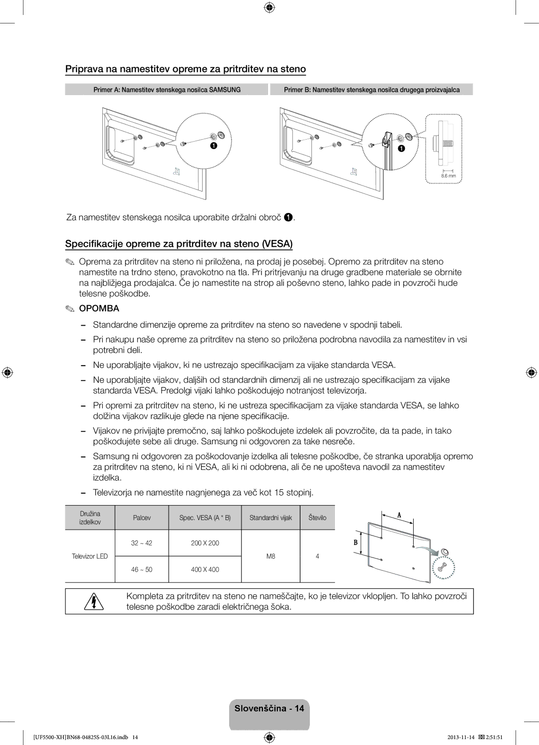 Samsung UE32F5500AWXZF, UE32F5500AWXZH, UE32F5700AWXZH, UE32F5500AWXXC Priprava na namestitev opreme za pritrditev na steno 