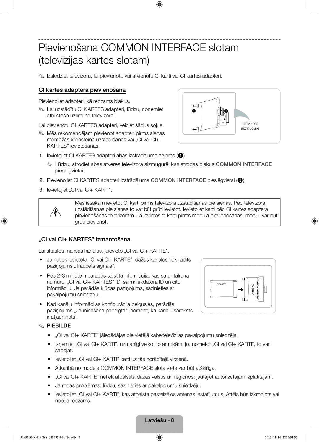 Samsung UE32F5500AWXXH manual CI kartes adaptera pievienošana, „CI vai CI+ Kartes izmantošana, Televizora aizmugure 