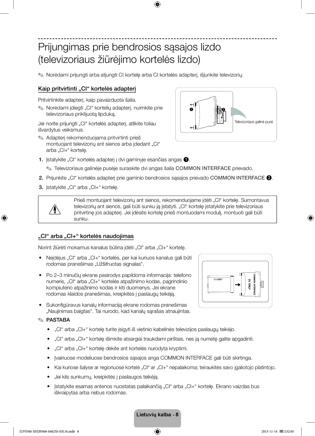 Samsung UE32F5700AWXZH, UE32F5500AWXZH manual Kaip pritvirtinti „CI kortelės adapterį, „CI arba „CI+ kortelės naudojimas 