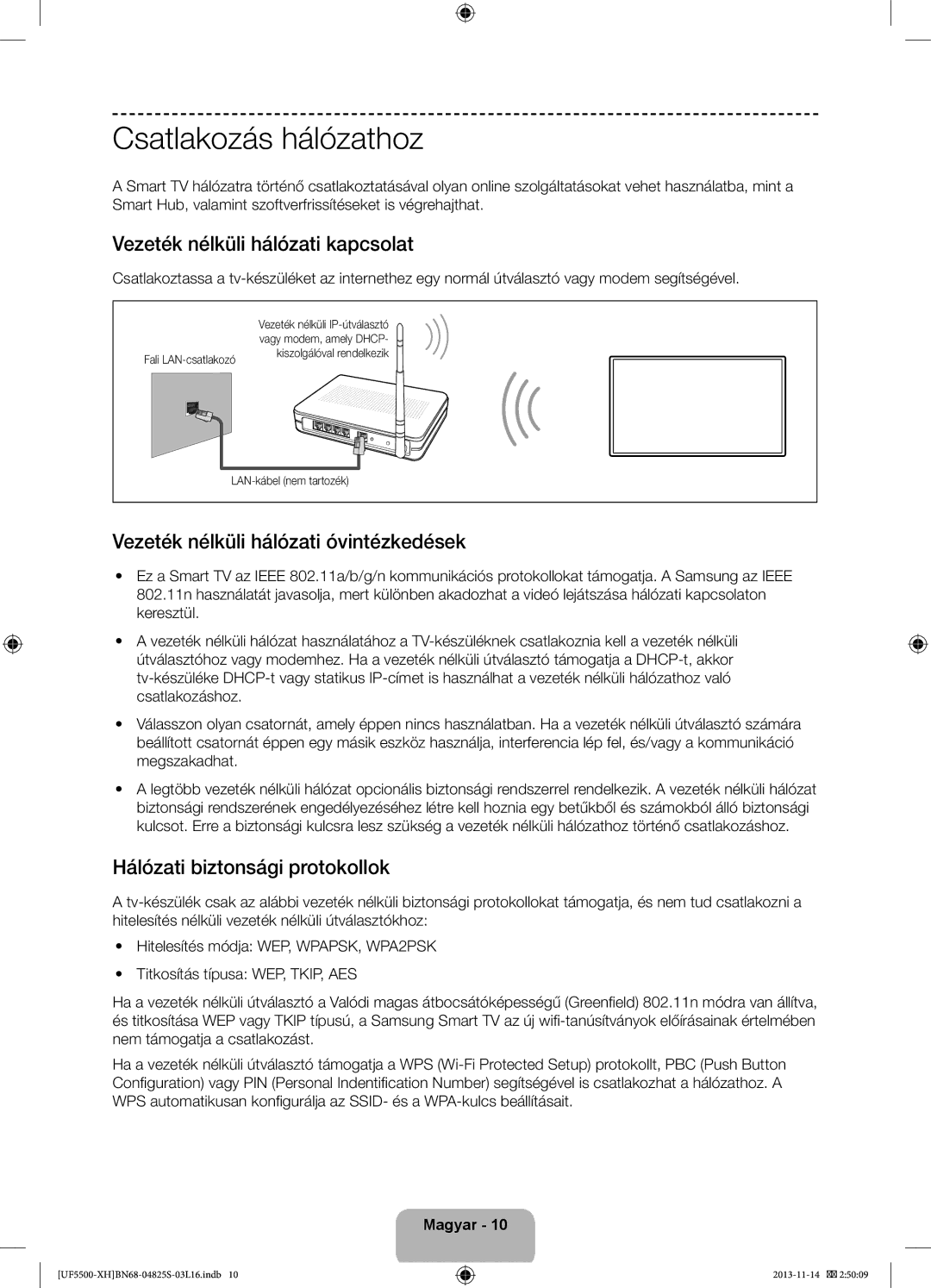 Samsung UE46F5700AWXXH Csatlakozás hálózathoz, Vezeték nélküli hálózati kapcsolat, Vezeték nélküli hálózati óvintézkedések 