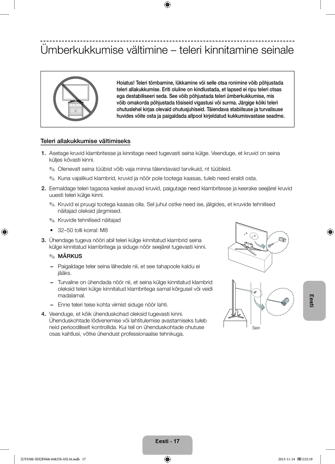 Samsung UE46F5700AWXXH manual Ümberkukkumise vältimine teleri kinnitamine seinale, Teleri allakukkumise vältimiseks 