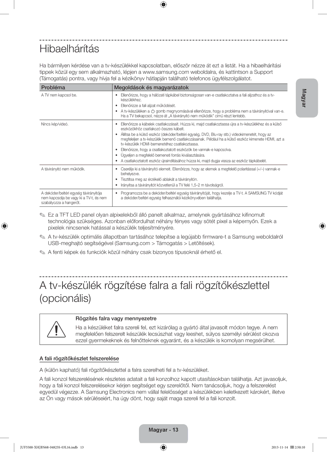 Samsung UE50F5500AWXZH, UE32F5500AWXZH Hibaelhárítás, Probléma Megoldások és magyarázatok, Rögzítés falra vagy mennyezetre 