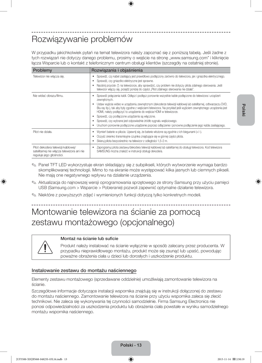 Samsung UE32F5500AWXXN Rozwiązywanie problemów, Instalowanie zestawu do montażu naściennego, Montaż na ścianie lub suficie 