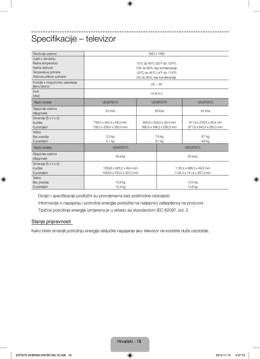 Samsung UE32F5570SSXZG, UE46F5570SSXZG, UE46F5570SSXXH, UE46F5570SSXZH manual Specifikacije Televizor, Stanje pripravnosti 