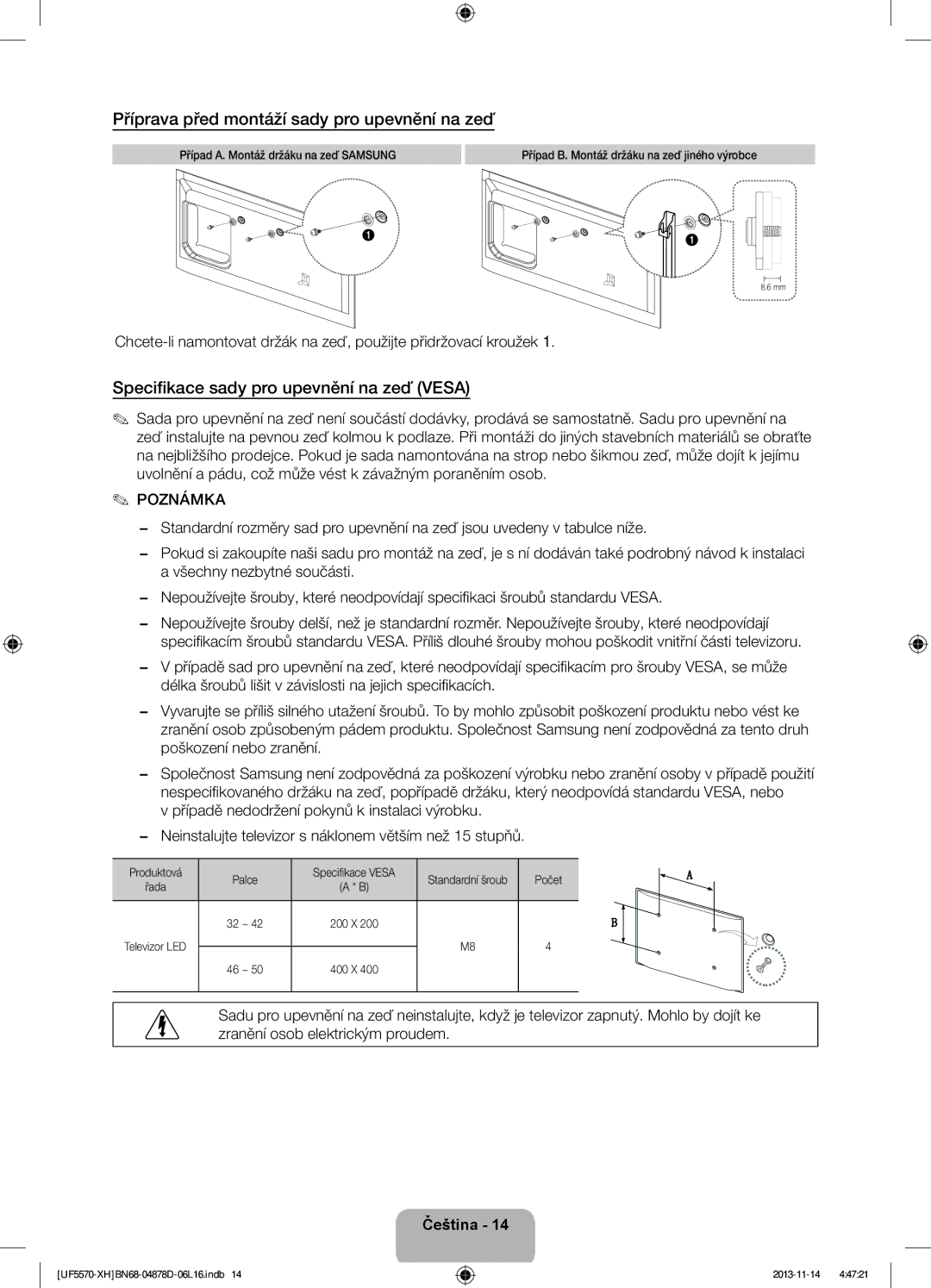 Samsung UE46F5570SSXXH Příprava před montáží sady pro upevnění na zeď, Specifikace sady pro upevnění na zeď Vesa, Počet 