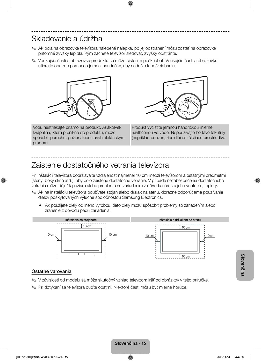 Samsung UE46F5570SSXZG, UE32F5570SSXZG manual Ostatné varovania, Inštalácia so stojanom Inštalácia s držiakom na stenu 10 cm 