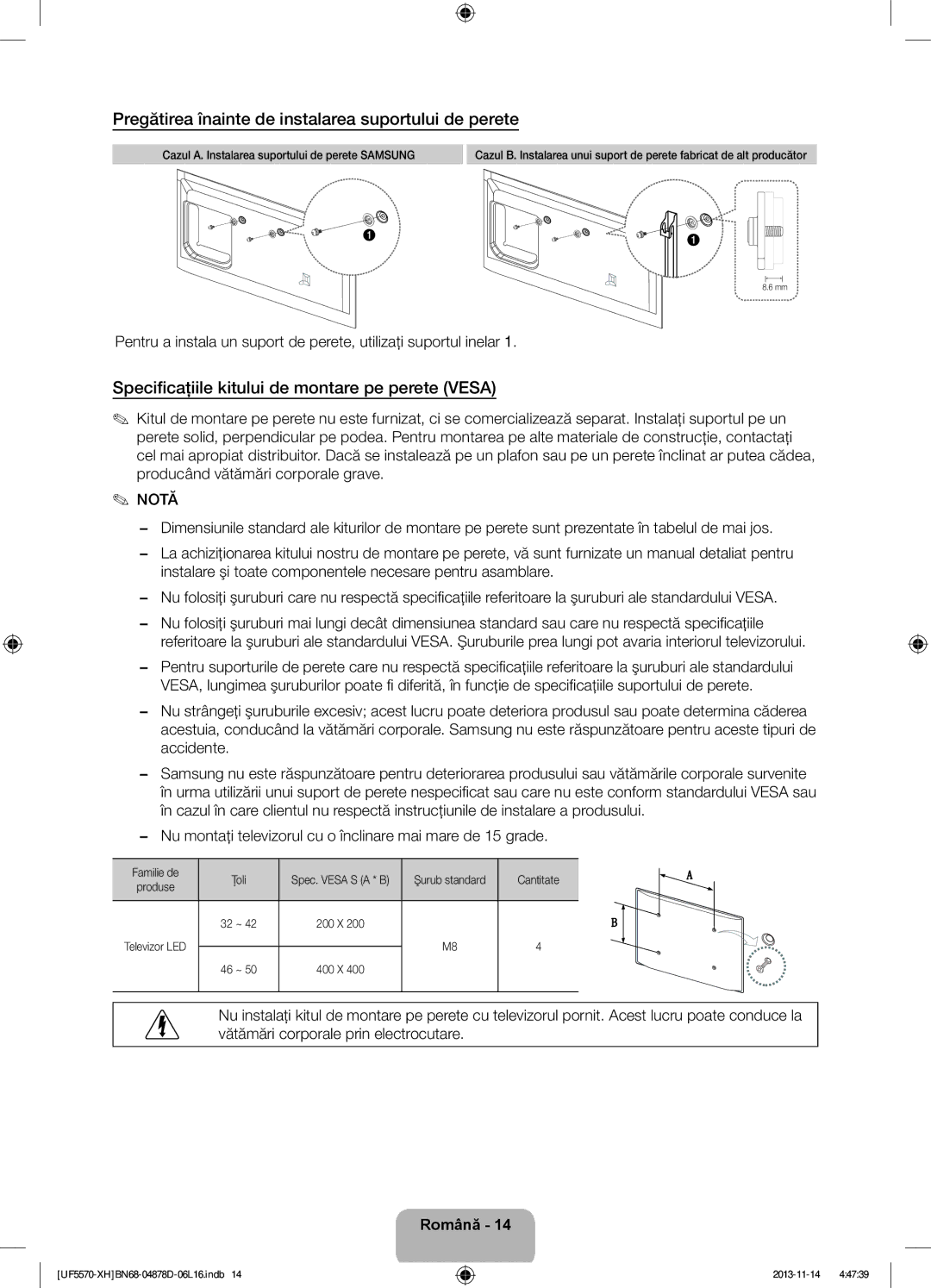 Samsung UE46F5570SSXXH Pregătirea înainte de instalarea suportului de perete, Familie de Ţoli, Şurub standard Cantitate 