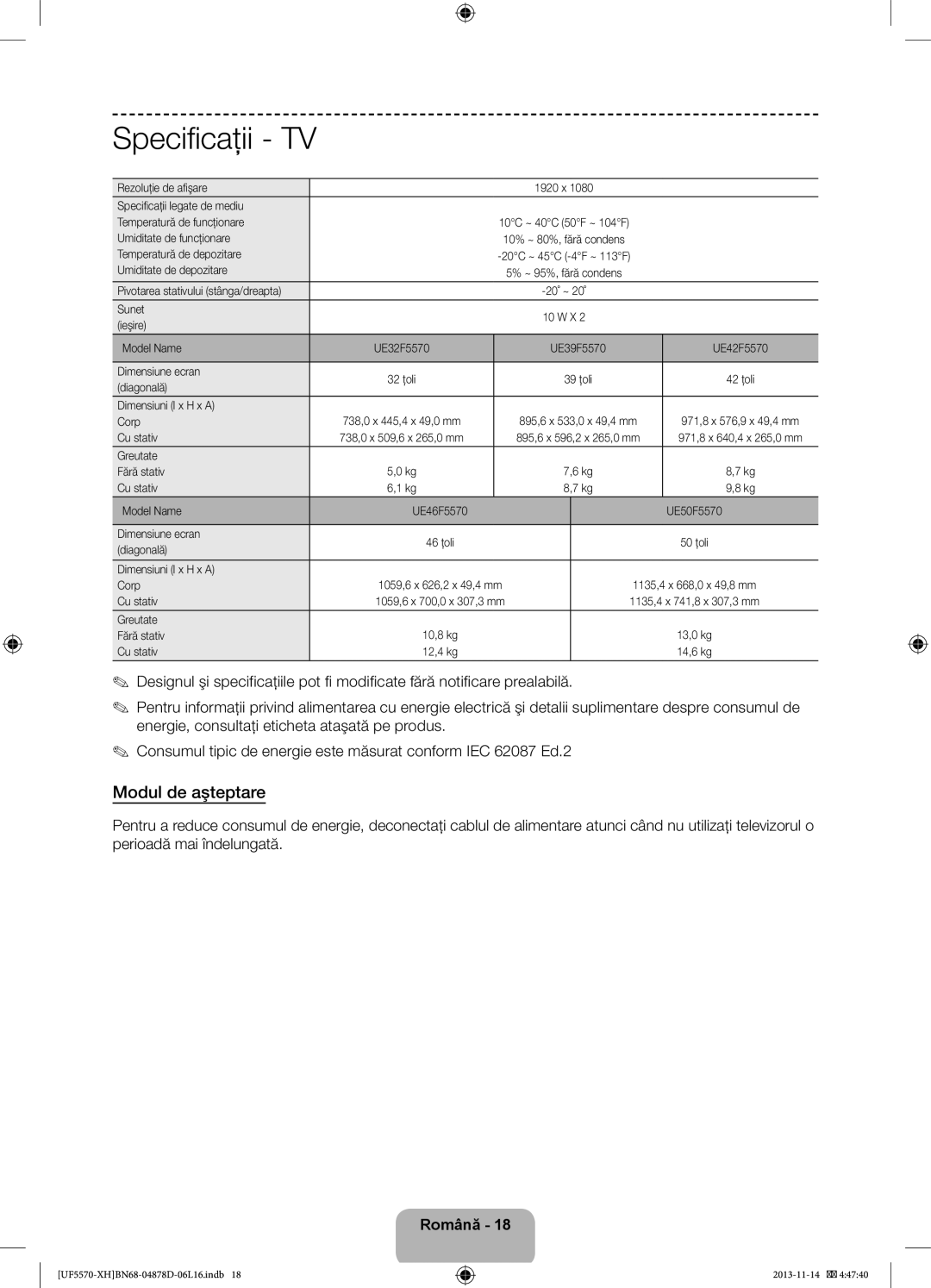 Samsung UE46F5570SSXXH, UE32F5570SSXZG, UE46F5570SSXZG, UE46F5570SSXZH manual Specificaţii, Modul de aşteptare 