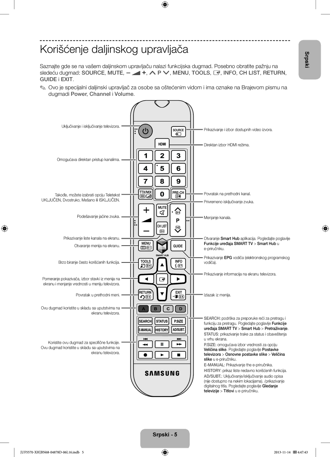 Samsung UE46F5570SSXZH, UE32F5570SSXZG, UE46F5570SSXZG, UE46F5570SSXXH manual Korišćenje daljinskog upravljača 