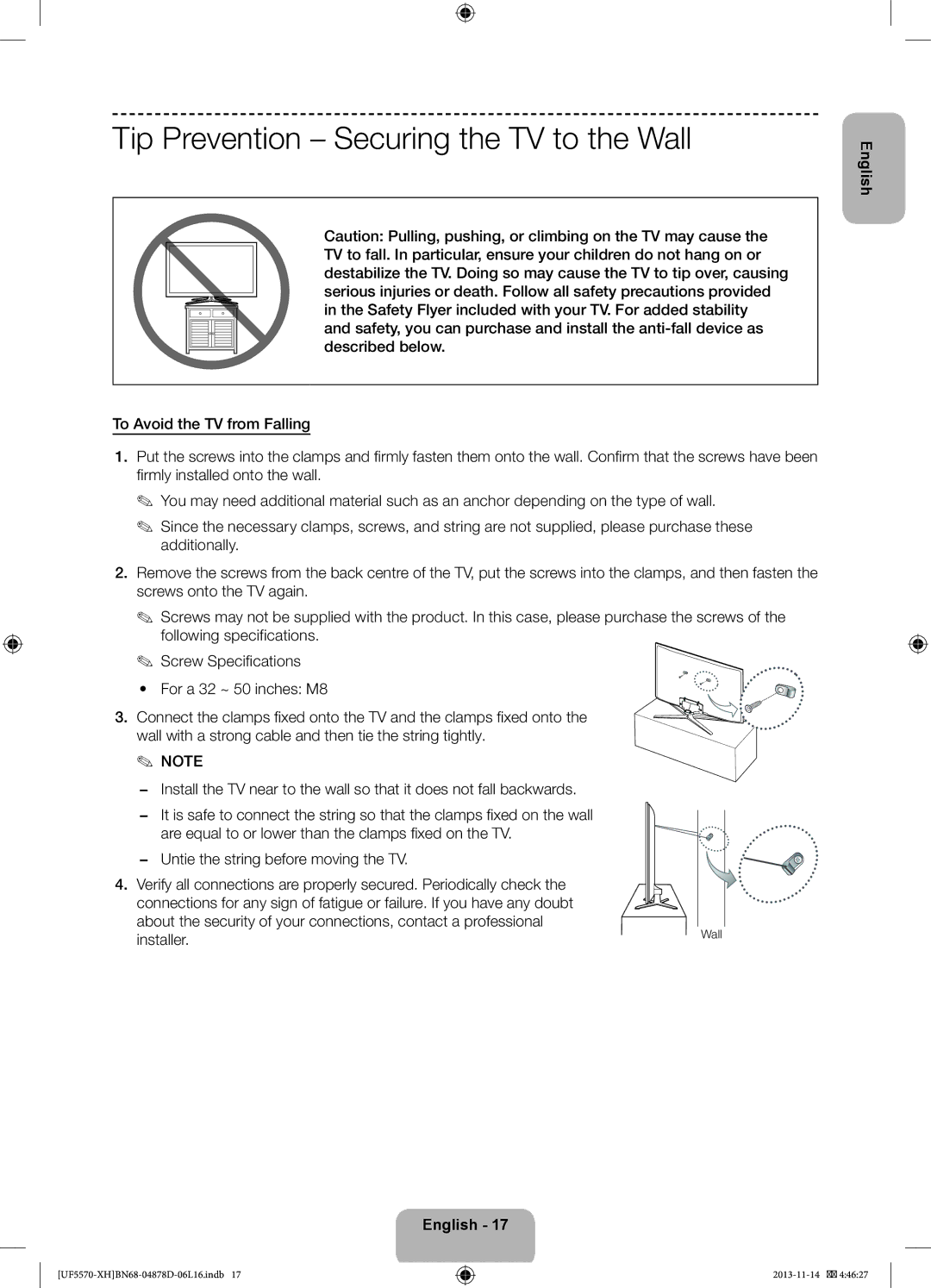 Samsung UE46F5570SSXZG, UE32F5570SSXZG, UE46F5570SSXXH, UE46F5570SSXZH Tip Prevention Securing the TV to the Wall, Installer 