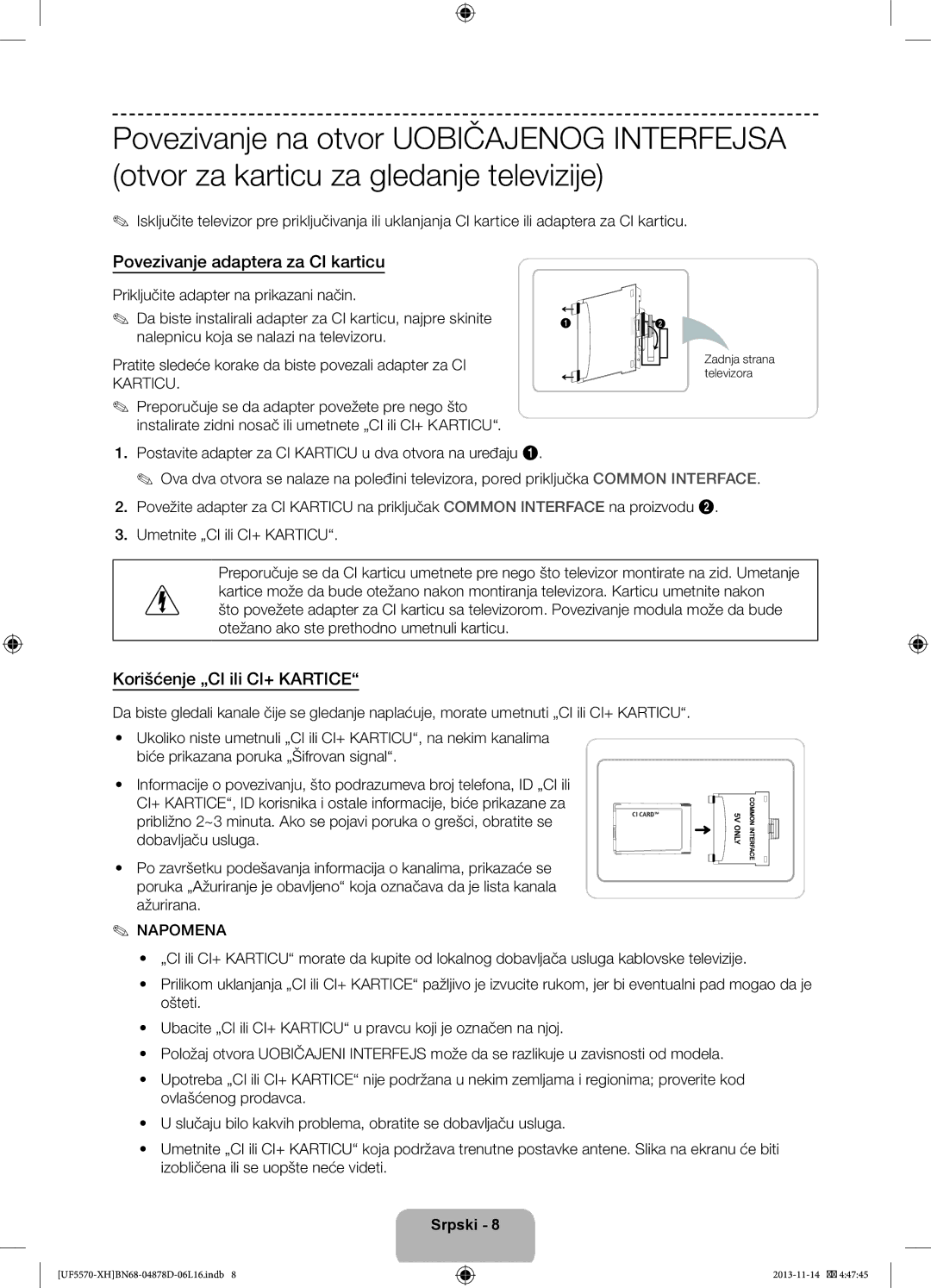 Samsung UE46F5570SSXXH manual Povezivanje adaptera za CI karticu, Korišćenje „CI ili CI+ Kartice, Zadnja strana televizora 