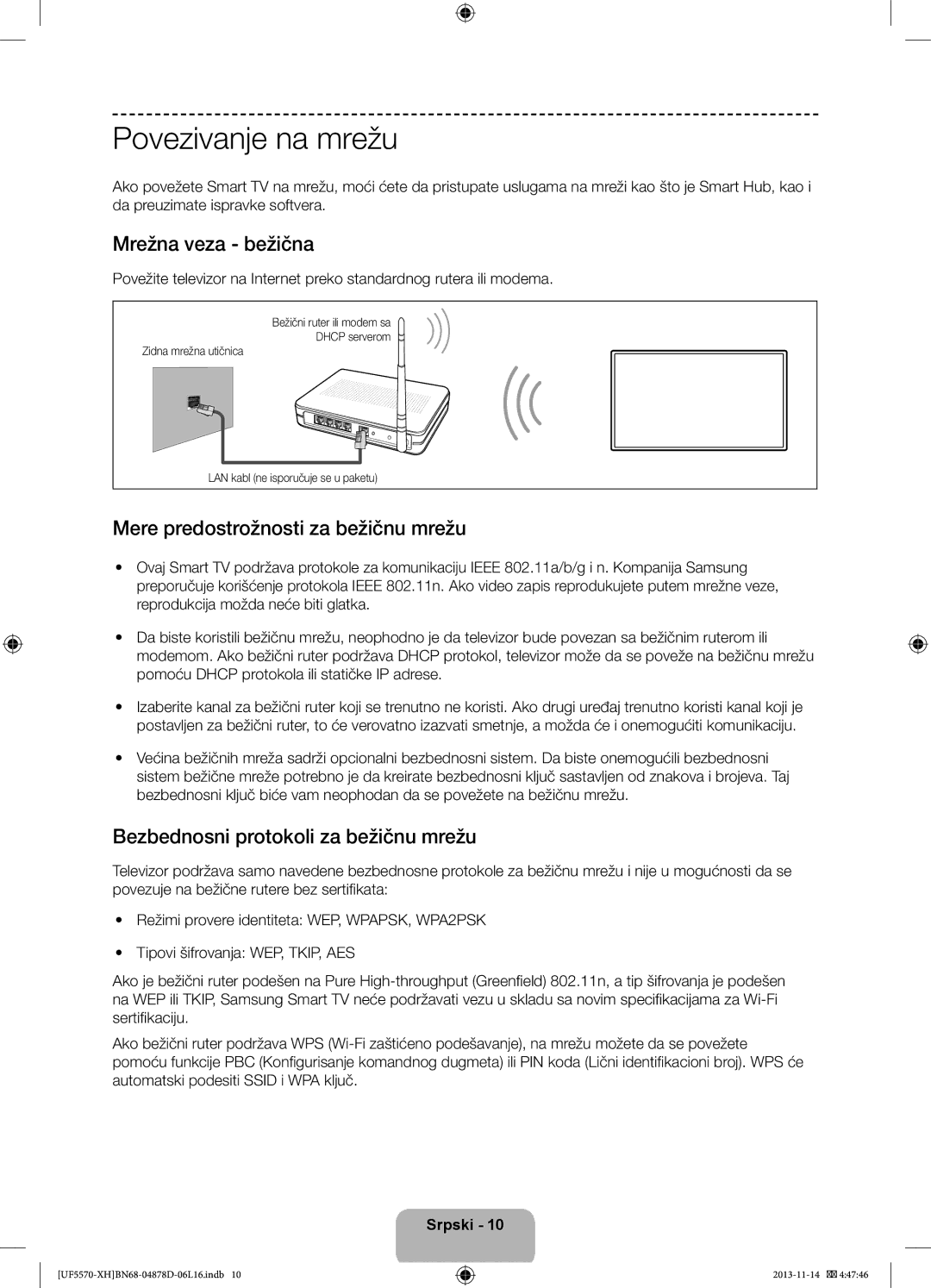 Samsung UE32F5570SSXZG, UE46F5570SSXZG Povezivanje na mrežu, Mrežna veza bežična, Mere predostrožnosti za bežičnu mrežu 