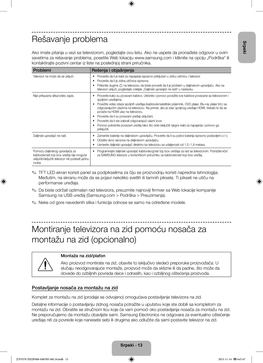 Samsung UE46F5570SSXZH manual Rešavanje problema, Postavljanje nosača za montažu na zid, Problemi Rešenja i objašnjenja 