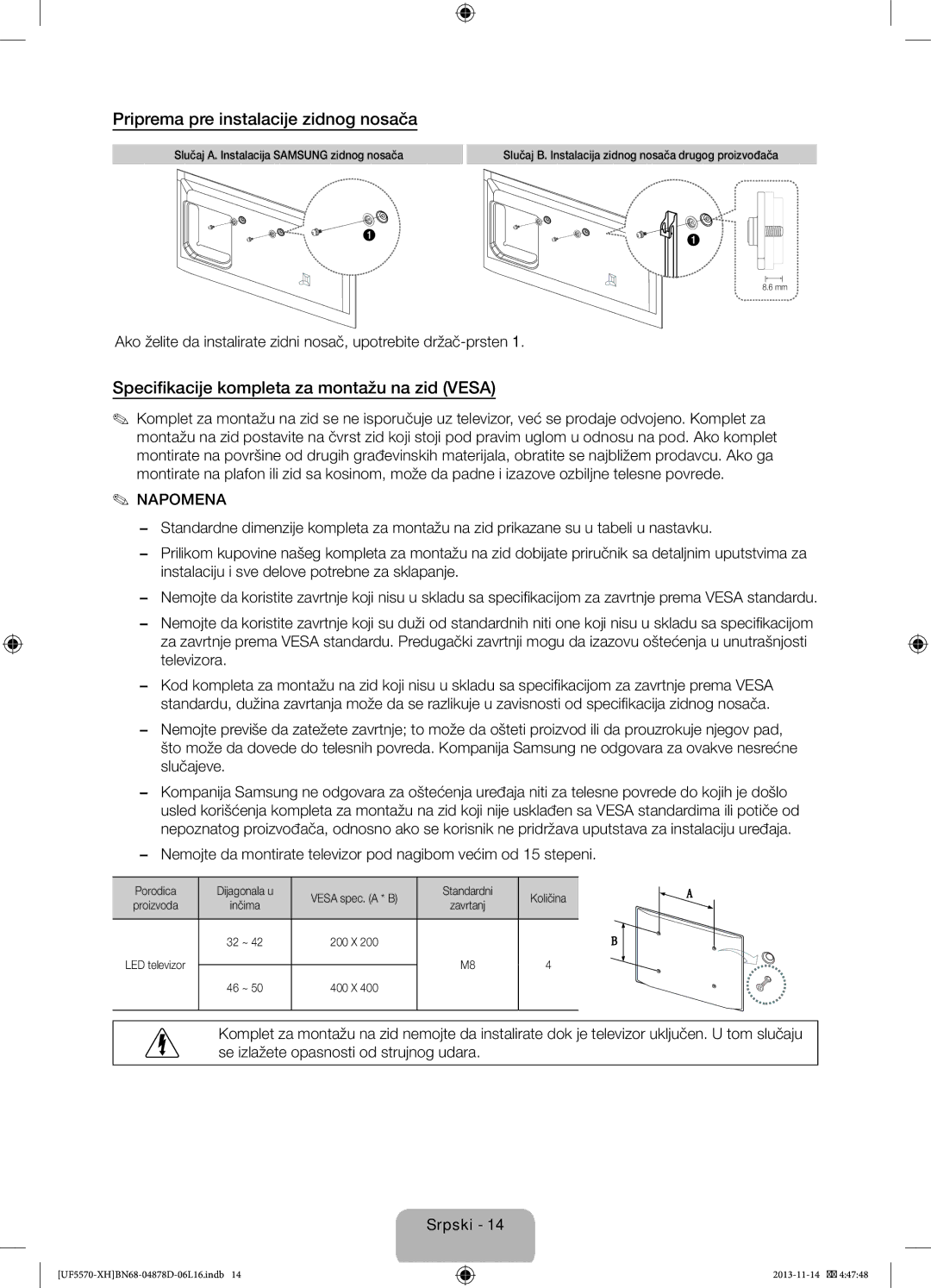 Samsung UE32F5570SSXZG manual Priprema pre instalacije zidnog nosača, Specifikacije kompleta za montažu na zid Vesa 