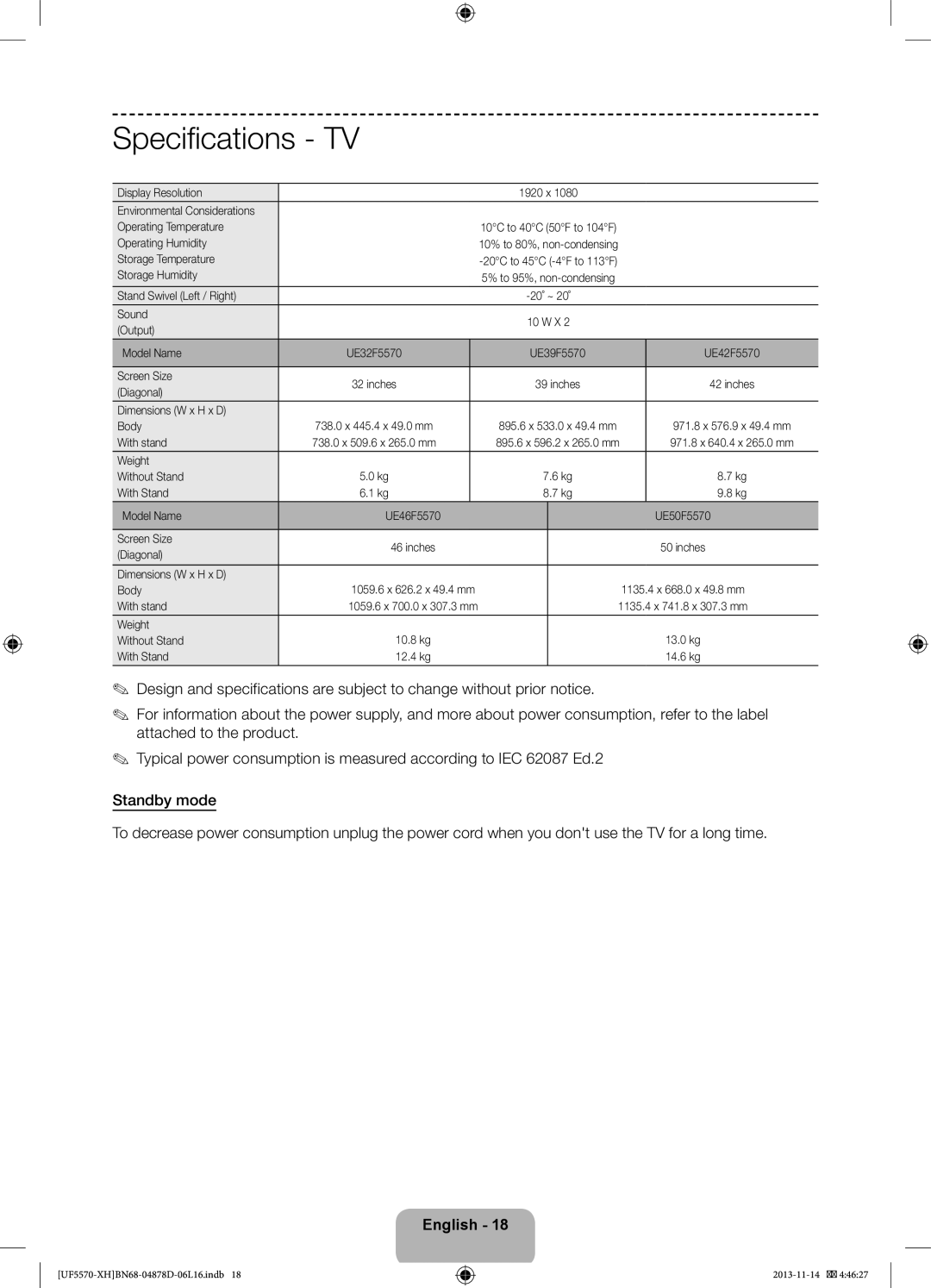 Samsung UE46F5570SSXXH Display Resolution, Environmental Considerations Operating Temperature, Operating Humidity, Sound 