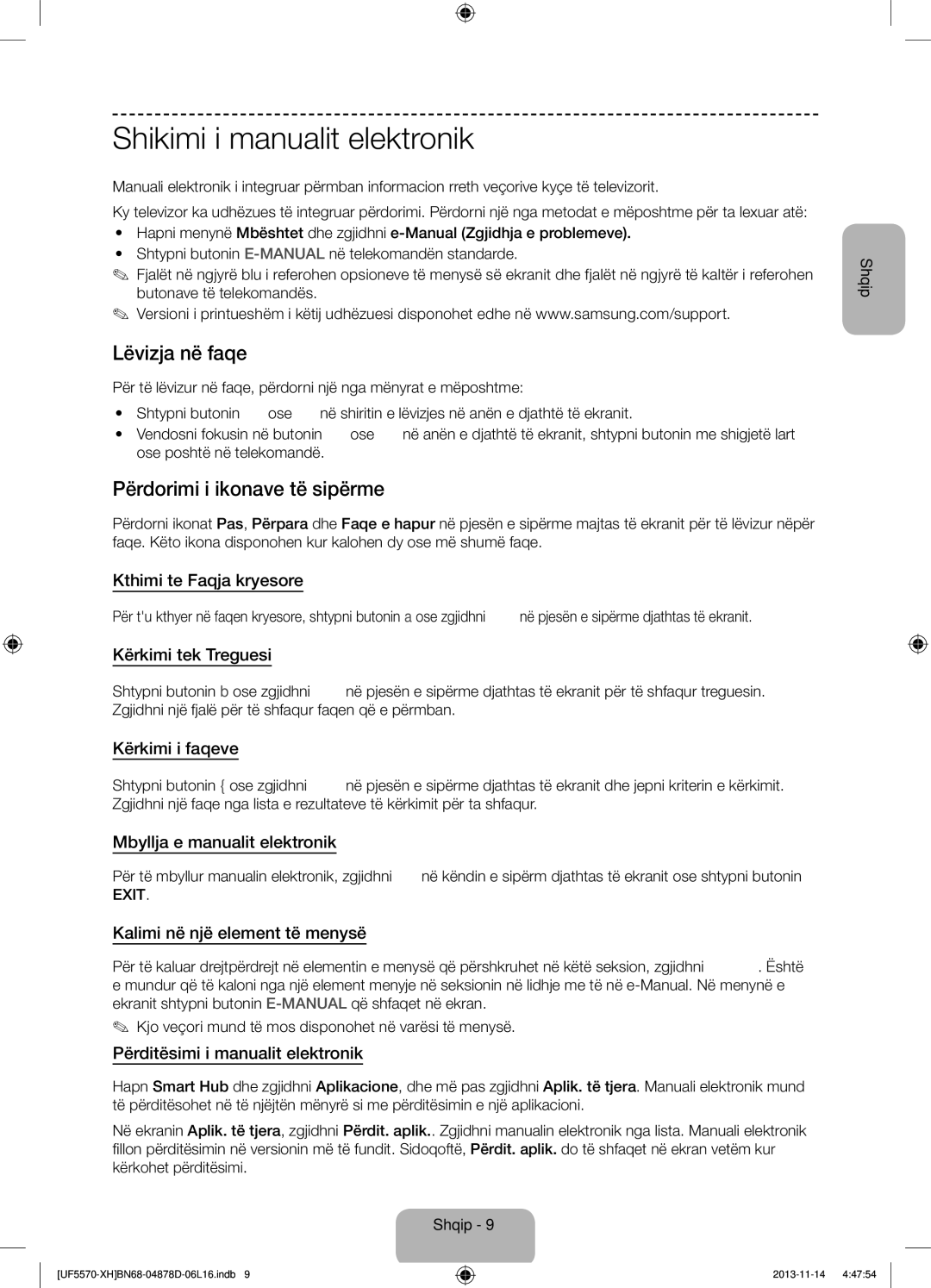 Samsung UE46F5570SSXZG, UE32F5570SSXZG Shikimi i manualit elektronik, Lëvizja në faqe, Përdorimi i ikonave të sipërme 