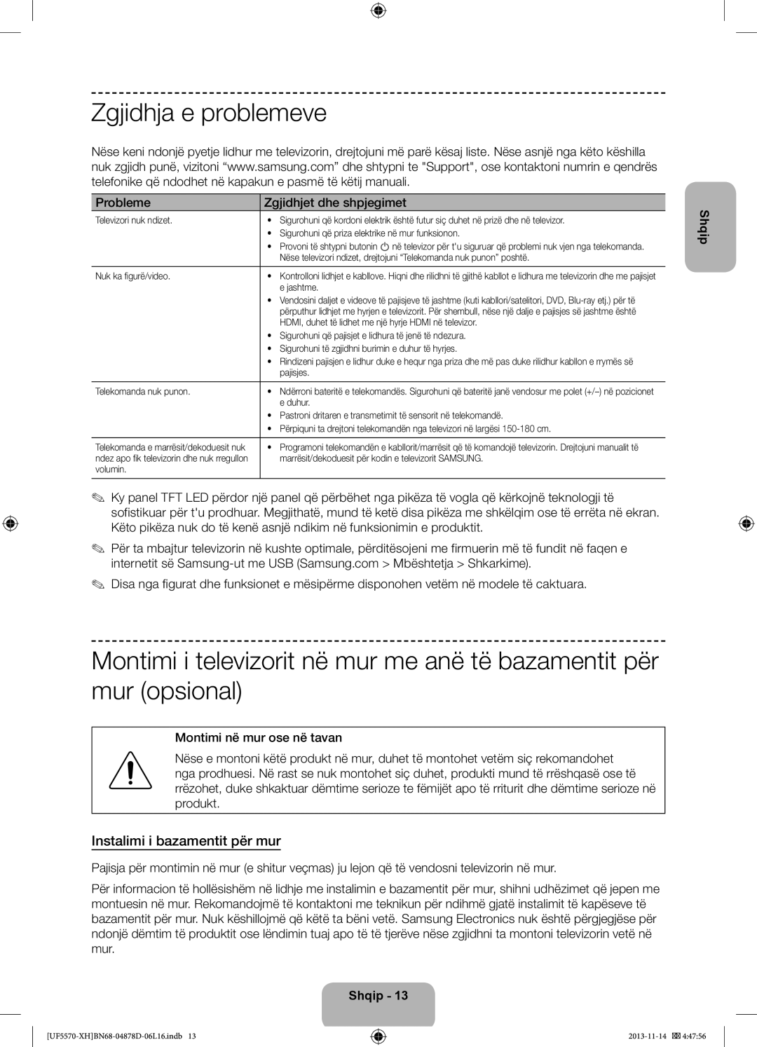 Samsung UE46F5570SSXZG manual Zgjidhja e problemeve, Instalimi i bazamentit për mur, Probleme Zgjidhjet dhe shpjegimet 