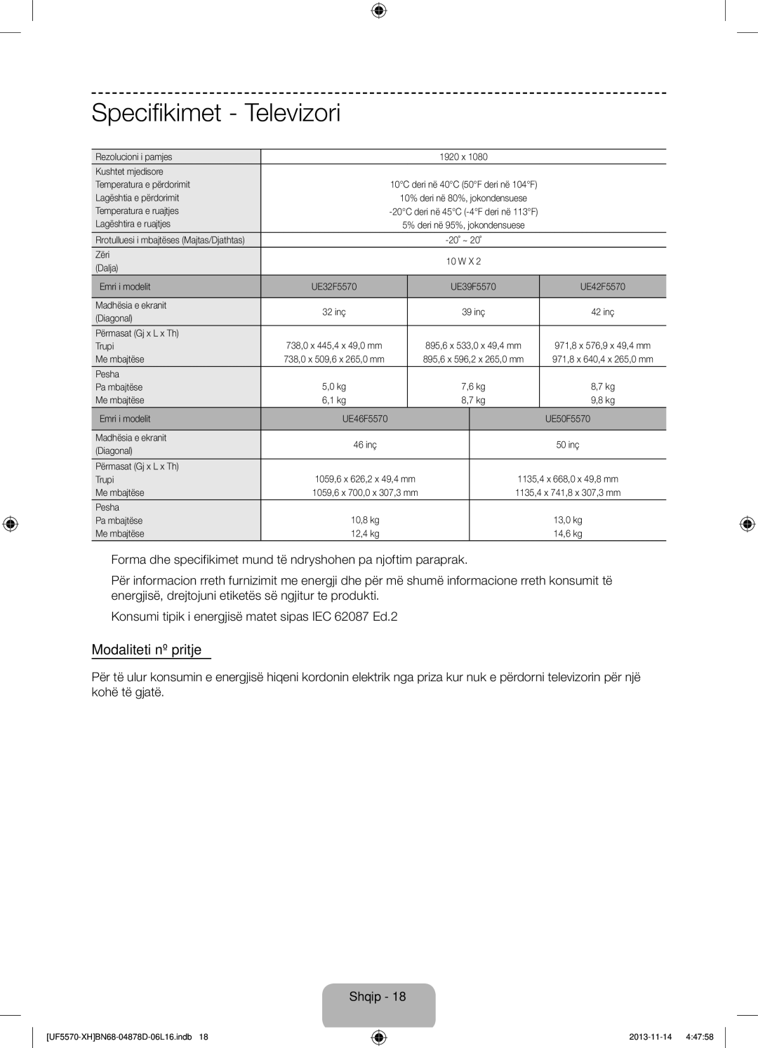 Samsung UE46F5570SSXXH, UE32F5570SSXZG, UE46F5570SSXZG, UE46F5570SSXZH manual Specifikimet Televizori, Modaliteti në pritje 