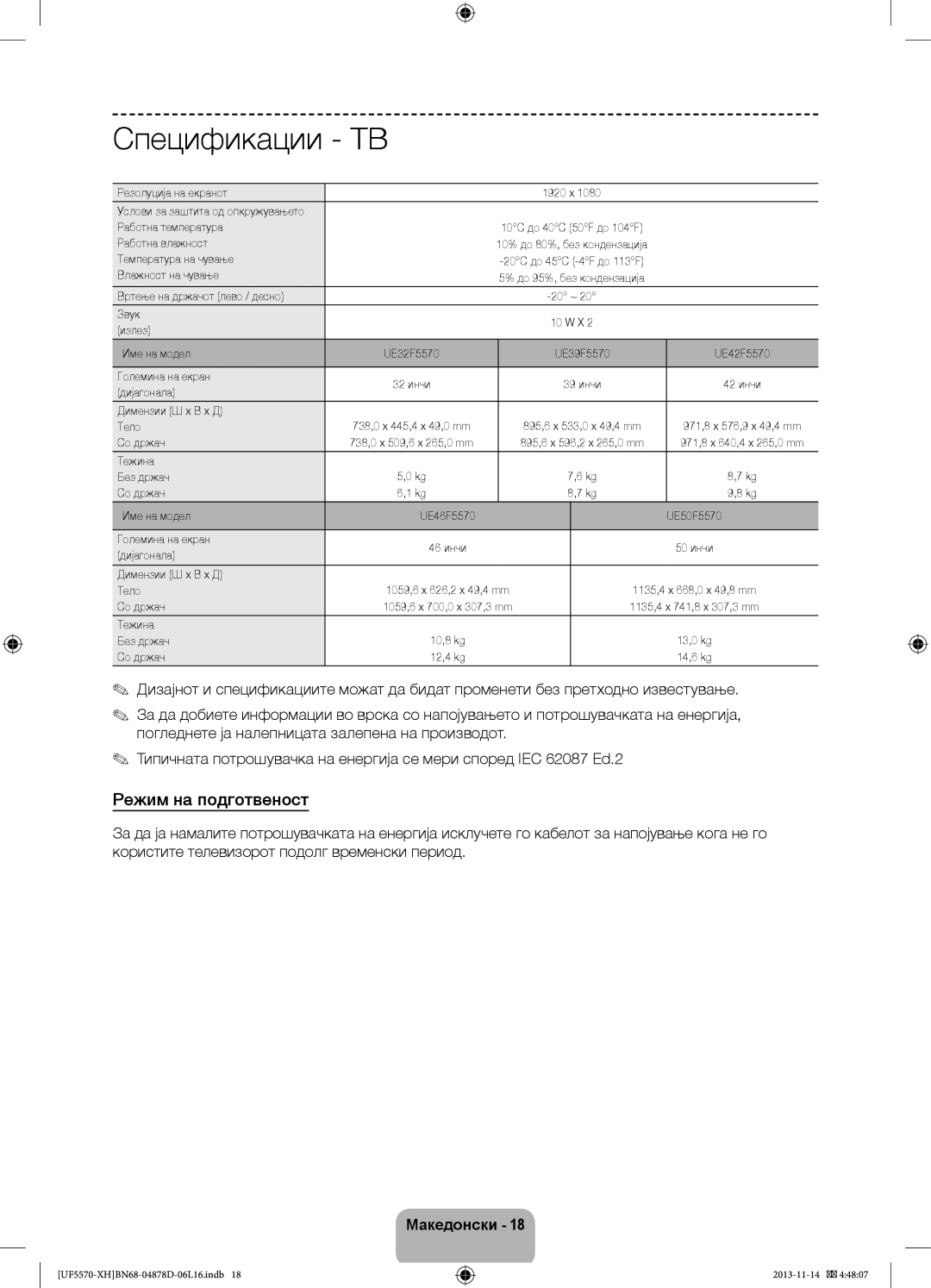 Samsung UE32F5570SSXZG, UE46F5570SSXZG, UE46F5570SSXXH, UE46F5570SSXZH manual Режим на подготвеност 