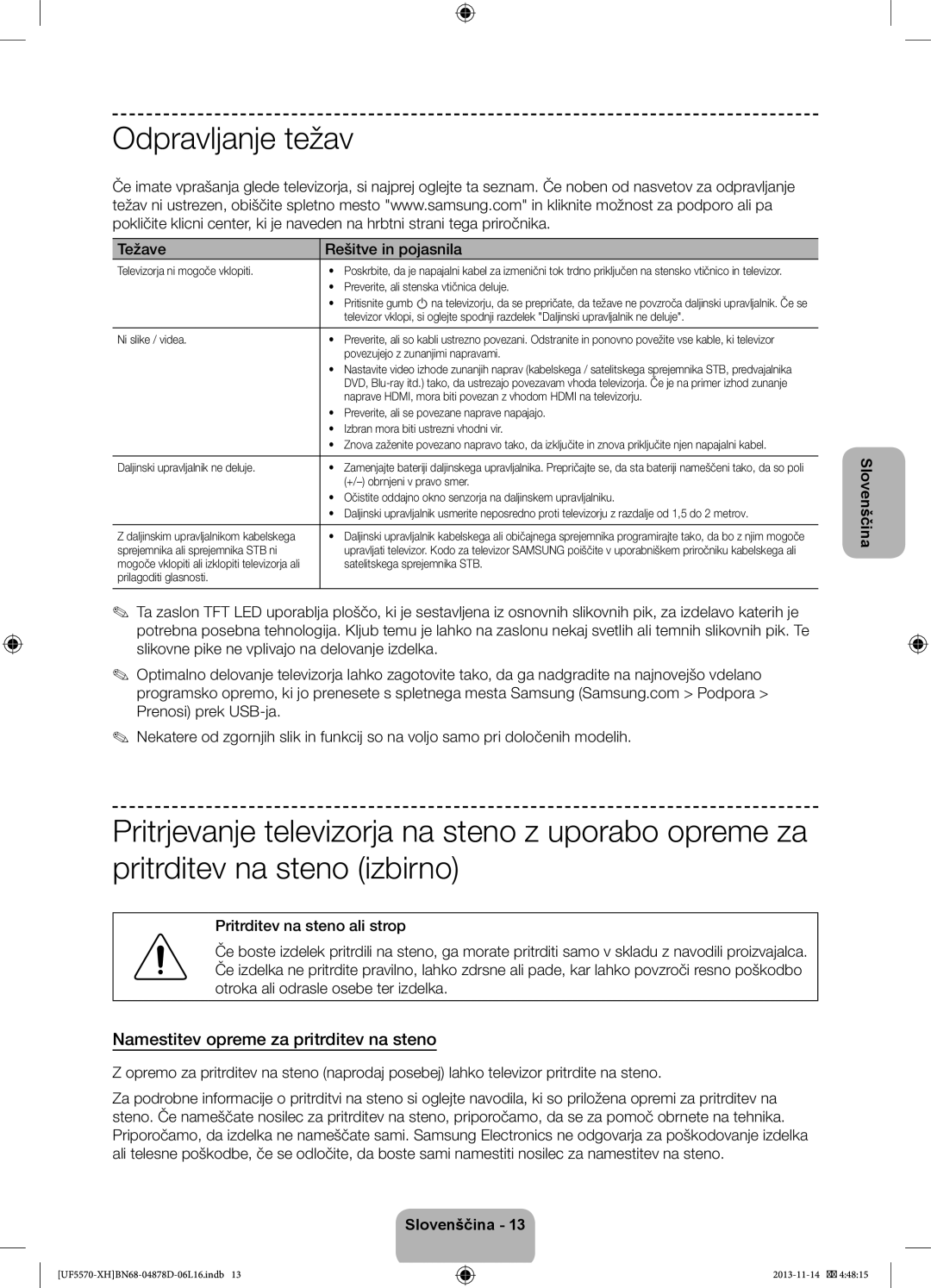 Samsung UE46F5570SSXZG manual Odpravljanje težav, Namestitev opreme za pritrditev na steno, Težave Rešitve in pojasnila 