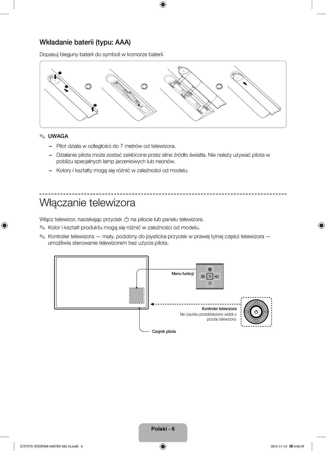 Samsung UE46F5570SSXXH, UE32F5570SSXZG, UE46F5570SSXZG manual Włączanie telewizora, Wkładanie baterii typu AAA, Uwaga 