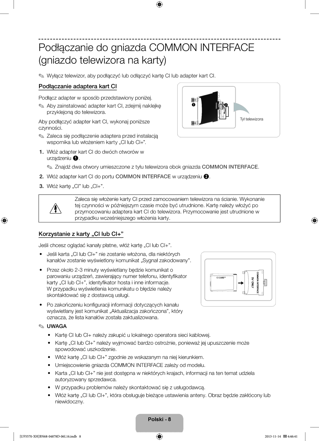 Samsung UE32F5570SSXZG, UE46F5570SSXZG manual Podłączanie adaptera kart CI, Korzystanie z karty „CI lub CI+, Tył telewizora 