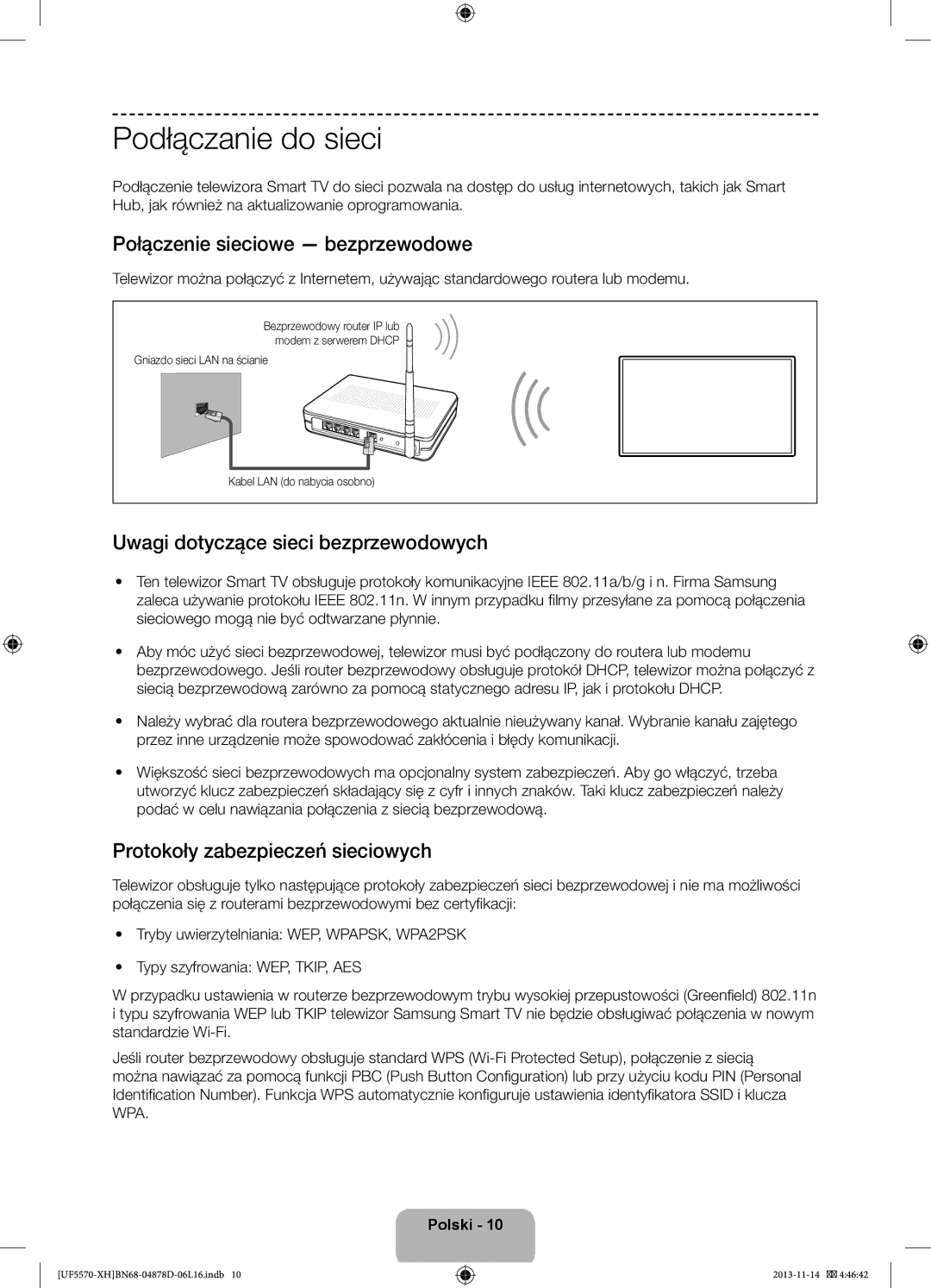 Samsung UE46F5570SSXXH Podłączanie do sieci, Połączenie sieciowe bezprzewodowe, Uwagi dotyczące sieci bezprzewodowych 